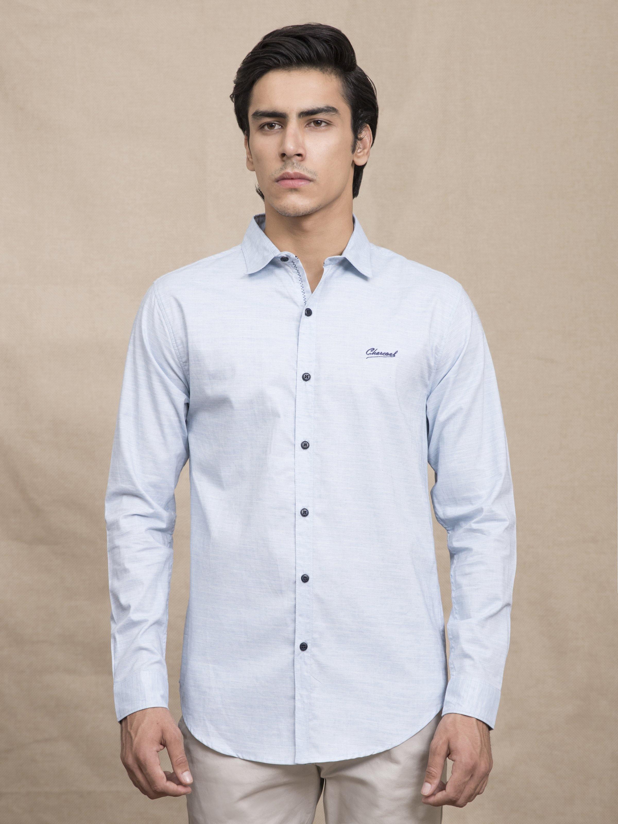 Men's sky blue casual button-up shirt with long sleeves and button-down collar