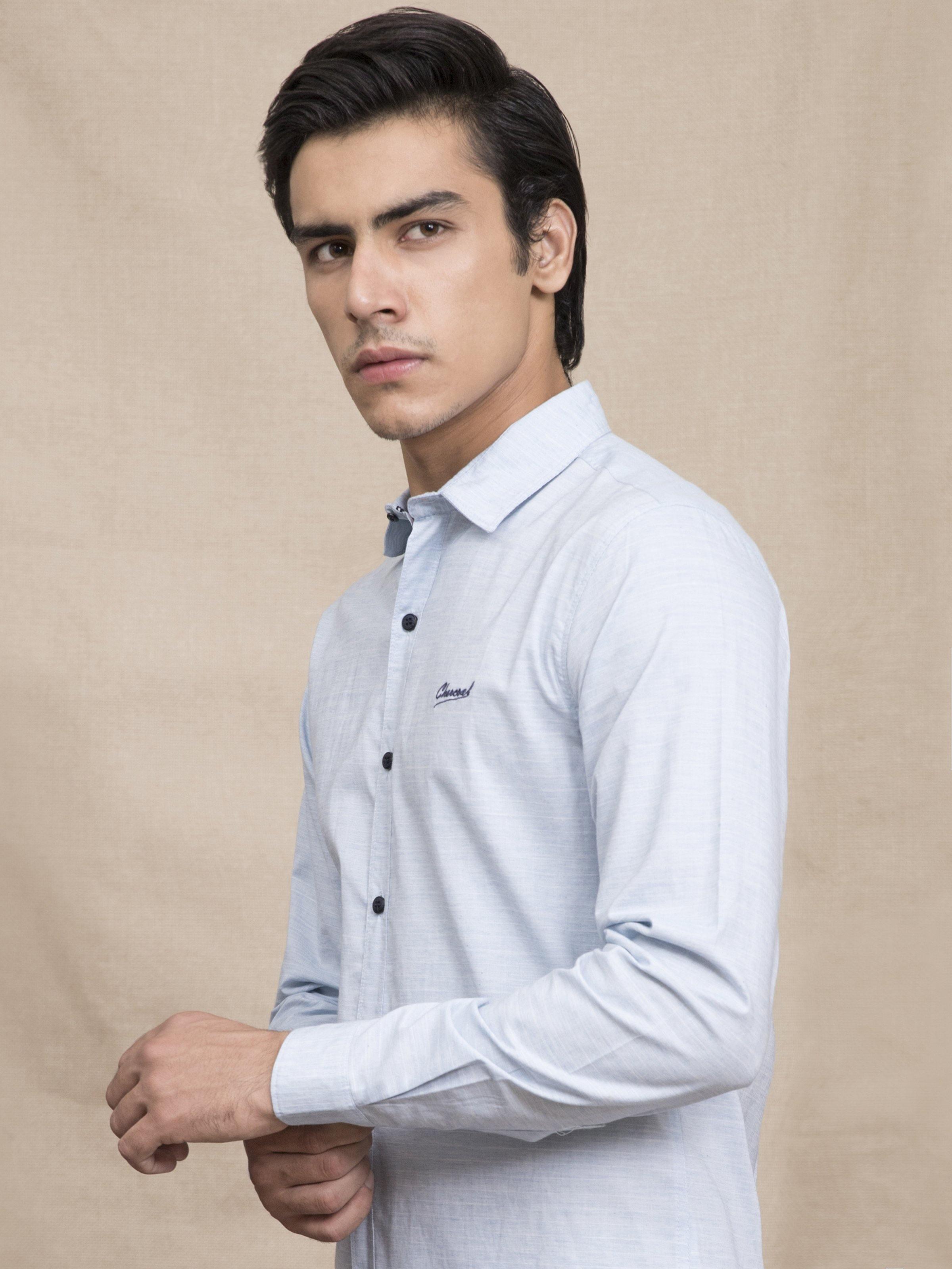 Men's sky blue casual button-up shirt with long sleeves, cuff, and button placket