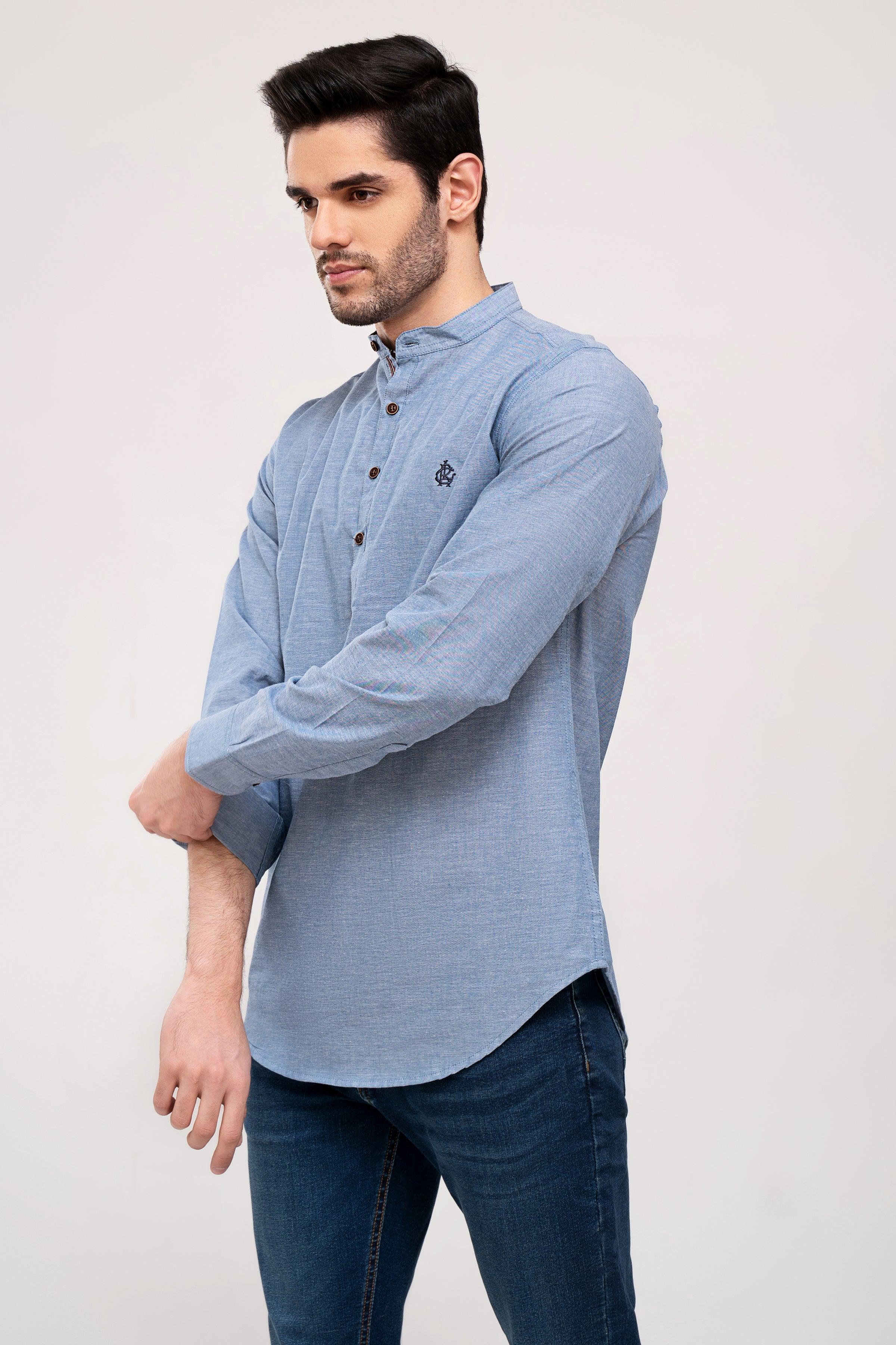 Sky blue casual shirt with long sleeves and button front, side view