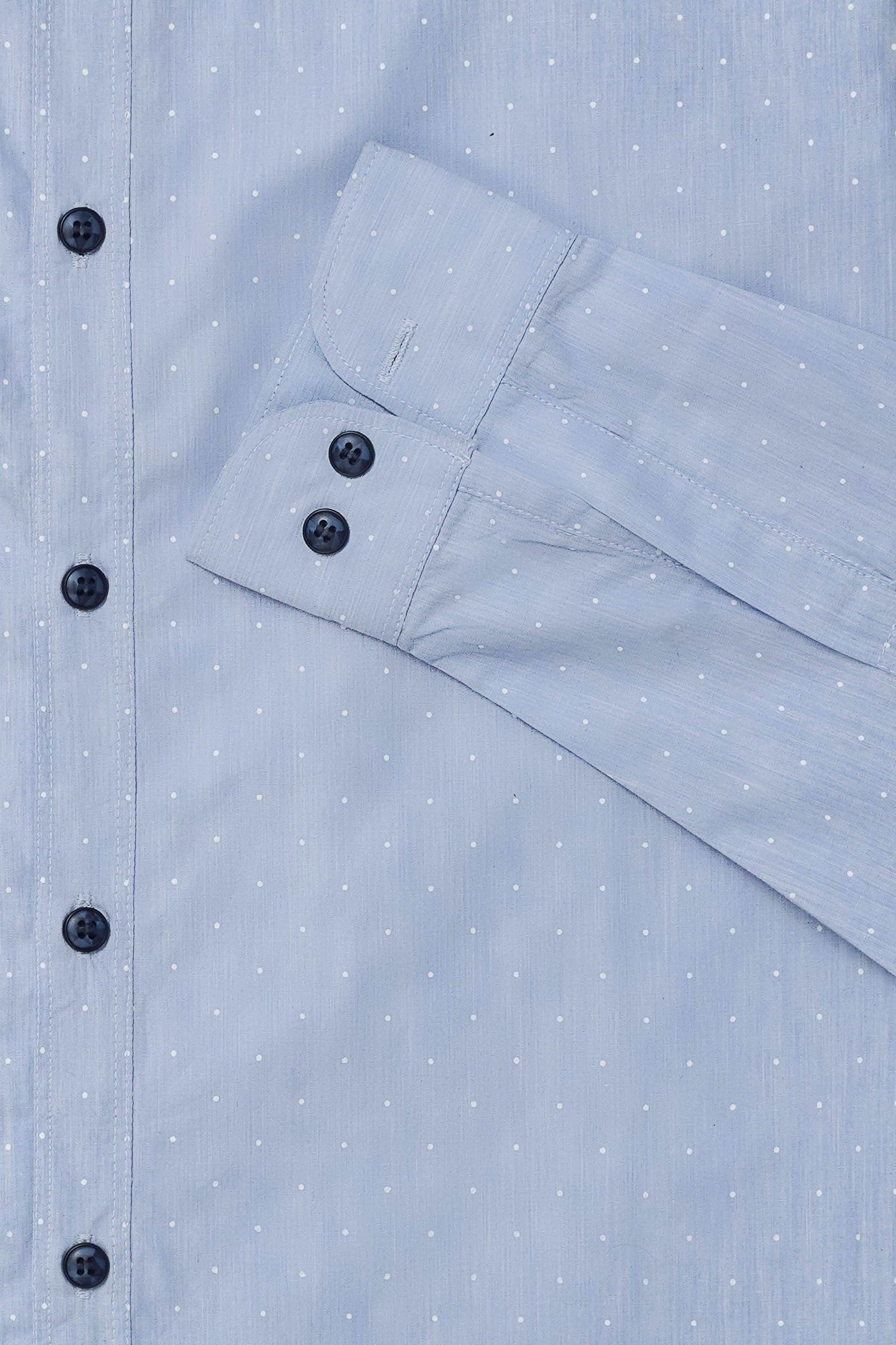Sky blue casual shirt cuff and shoulder seam with black buttons on placket