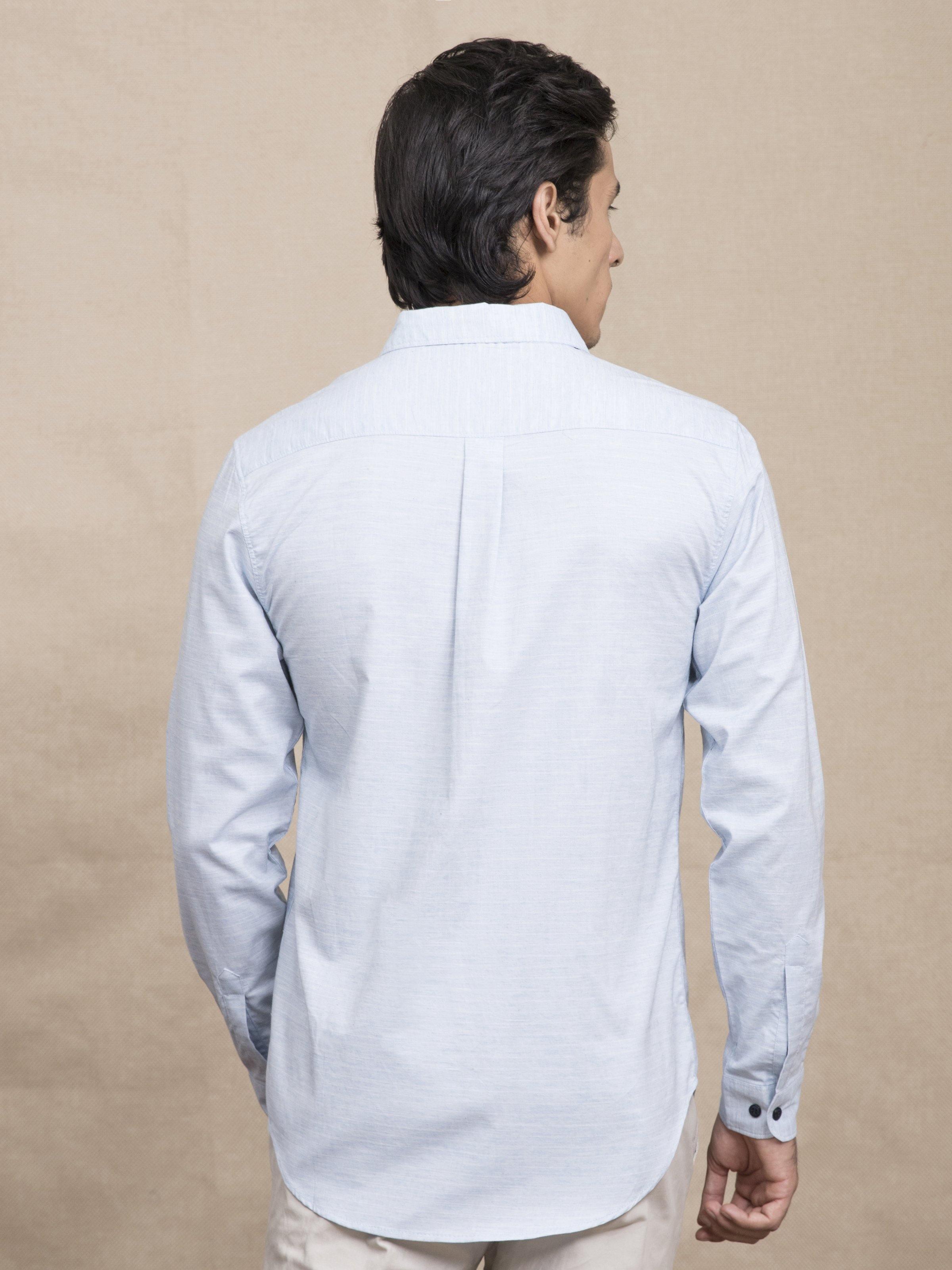 Men's sky blue casual button-up shirt, back view with long sleeves and collar