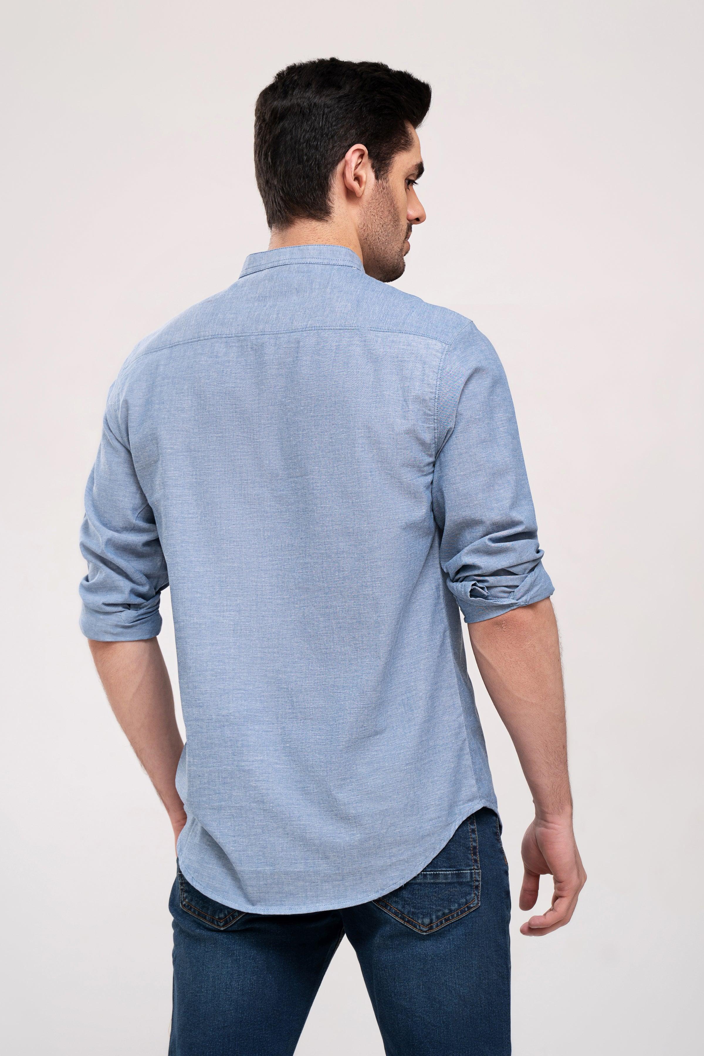 Sky blue casual shirt with long sleeves and button front, back view