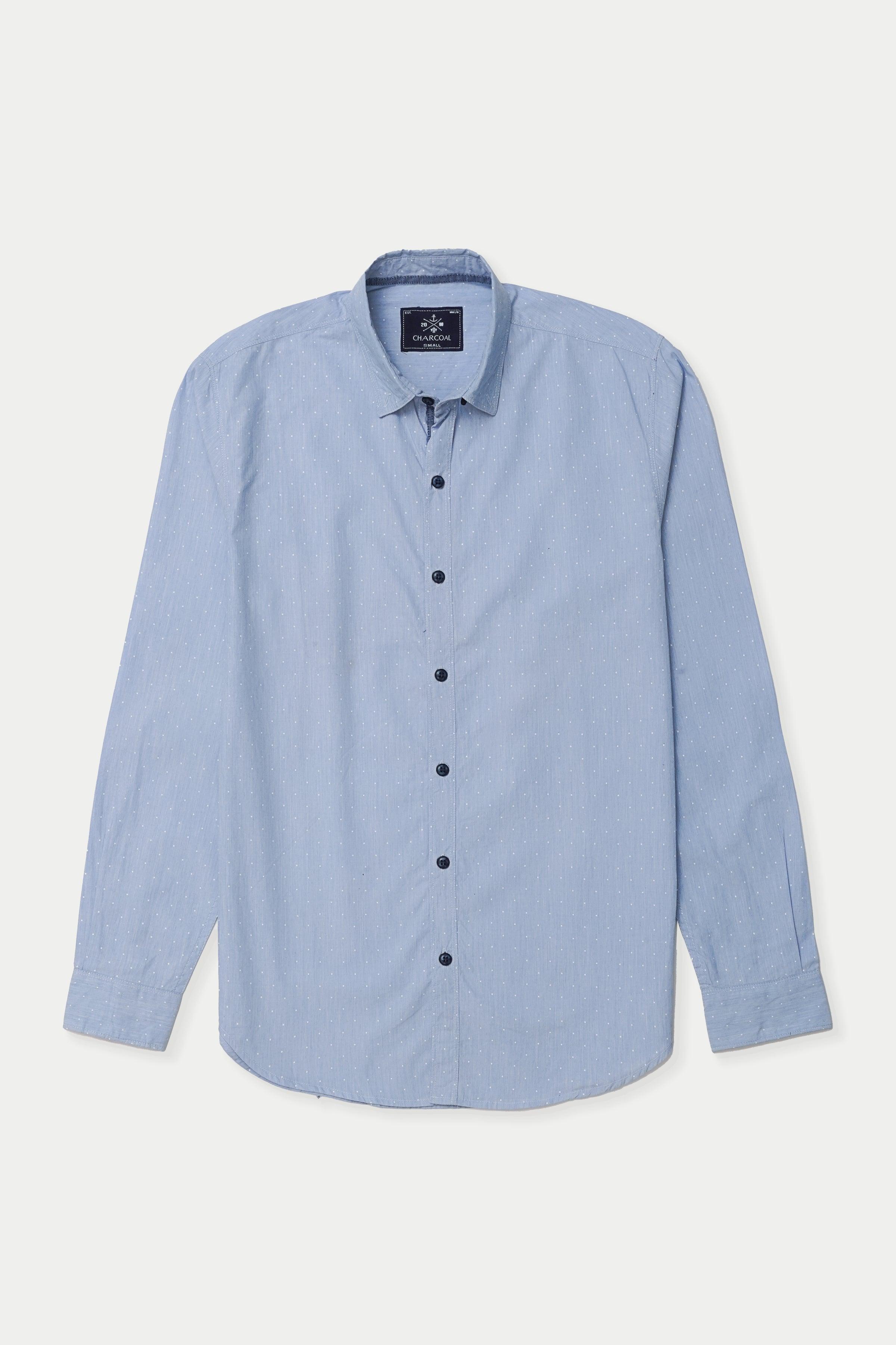 Sky blue casual dress shirt with button-front placket and spread collar, long sleeves