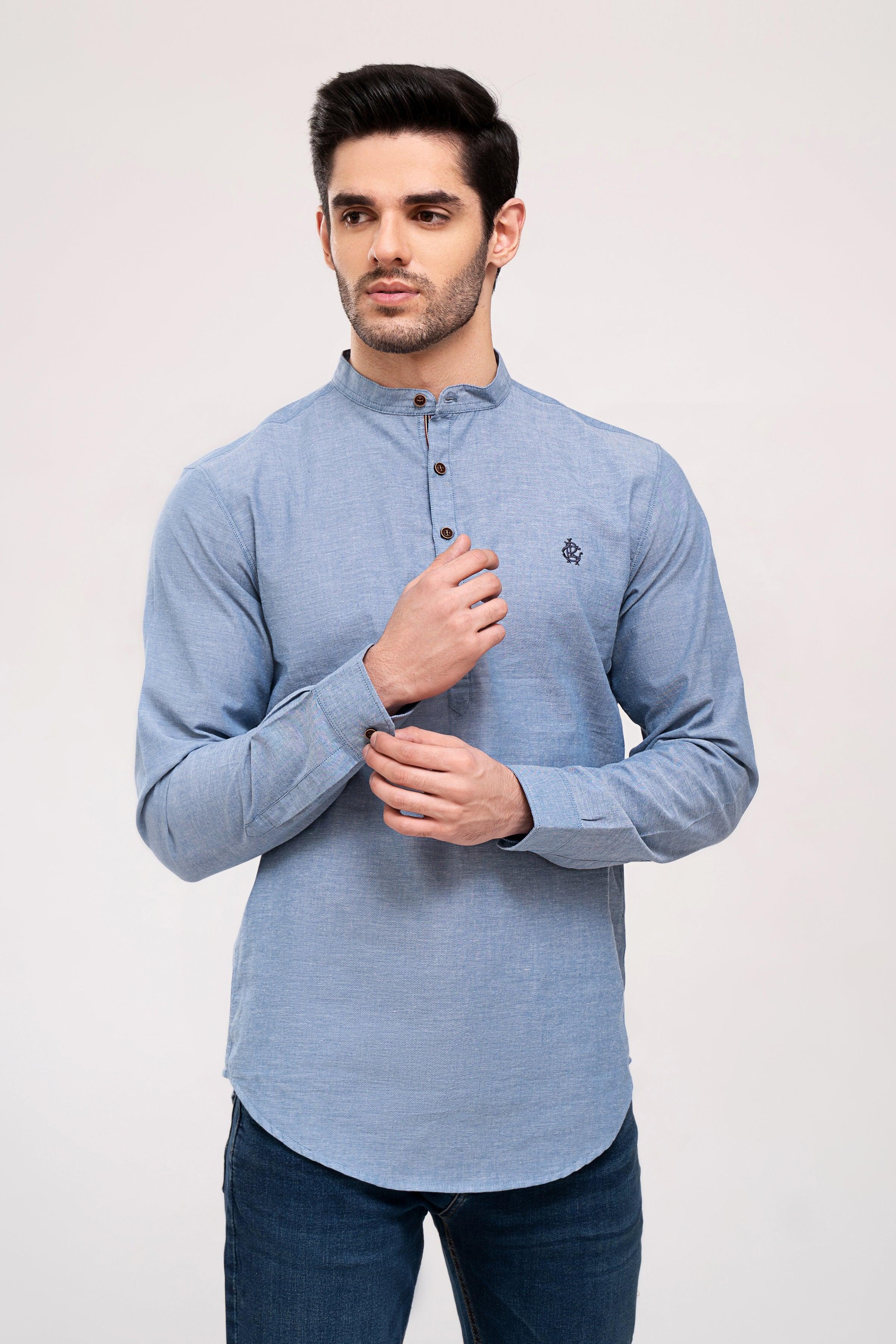 Sky blue casual button-up shirt with mandarin collar and front placket