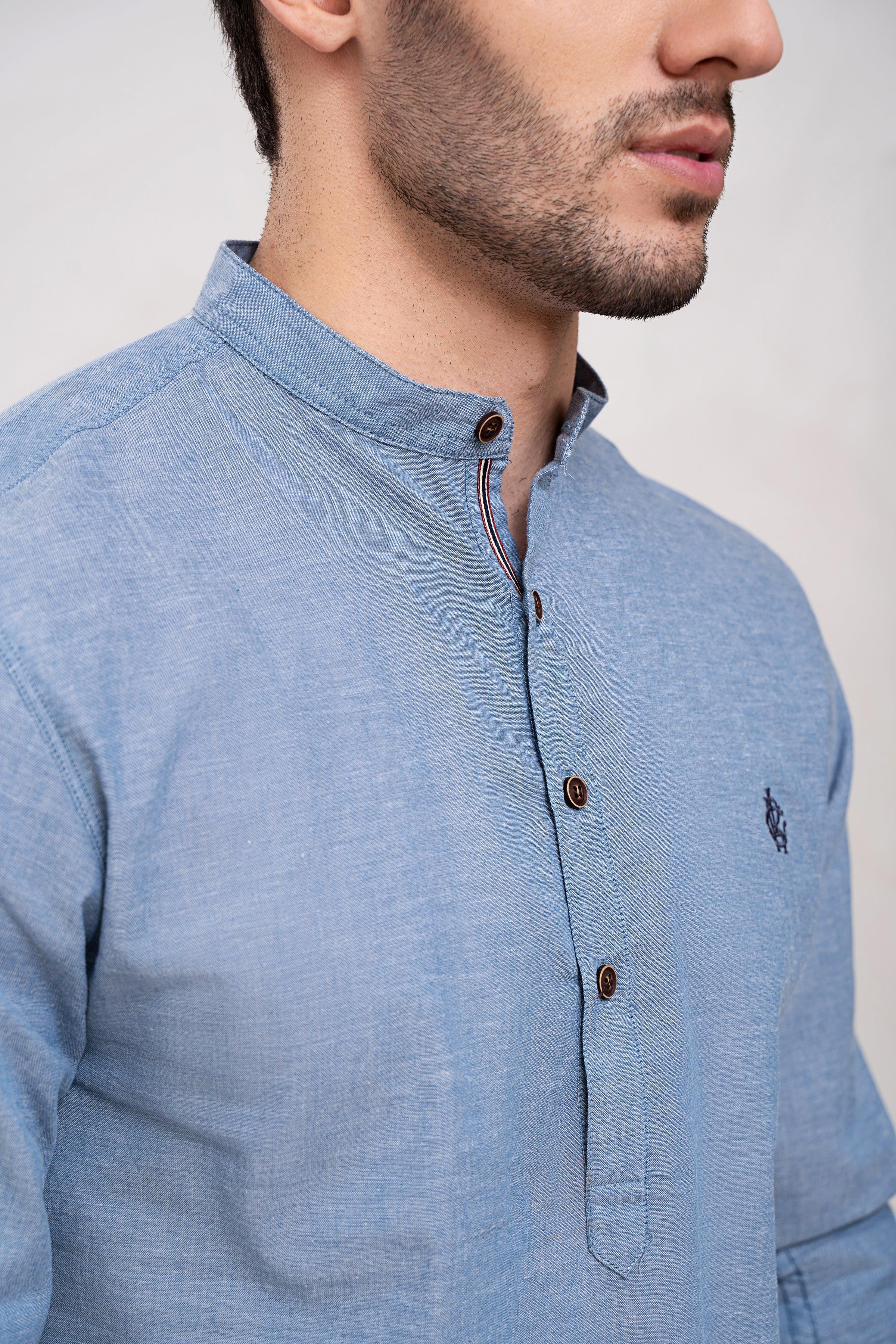 Sky blue casual shirt close-up with buttoned mandarin collar and placket
