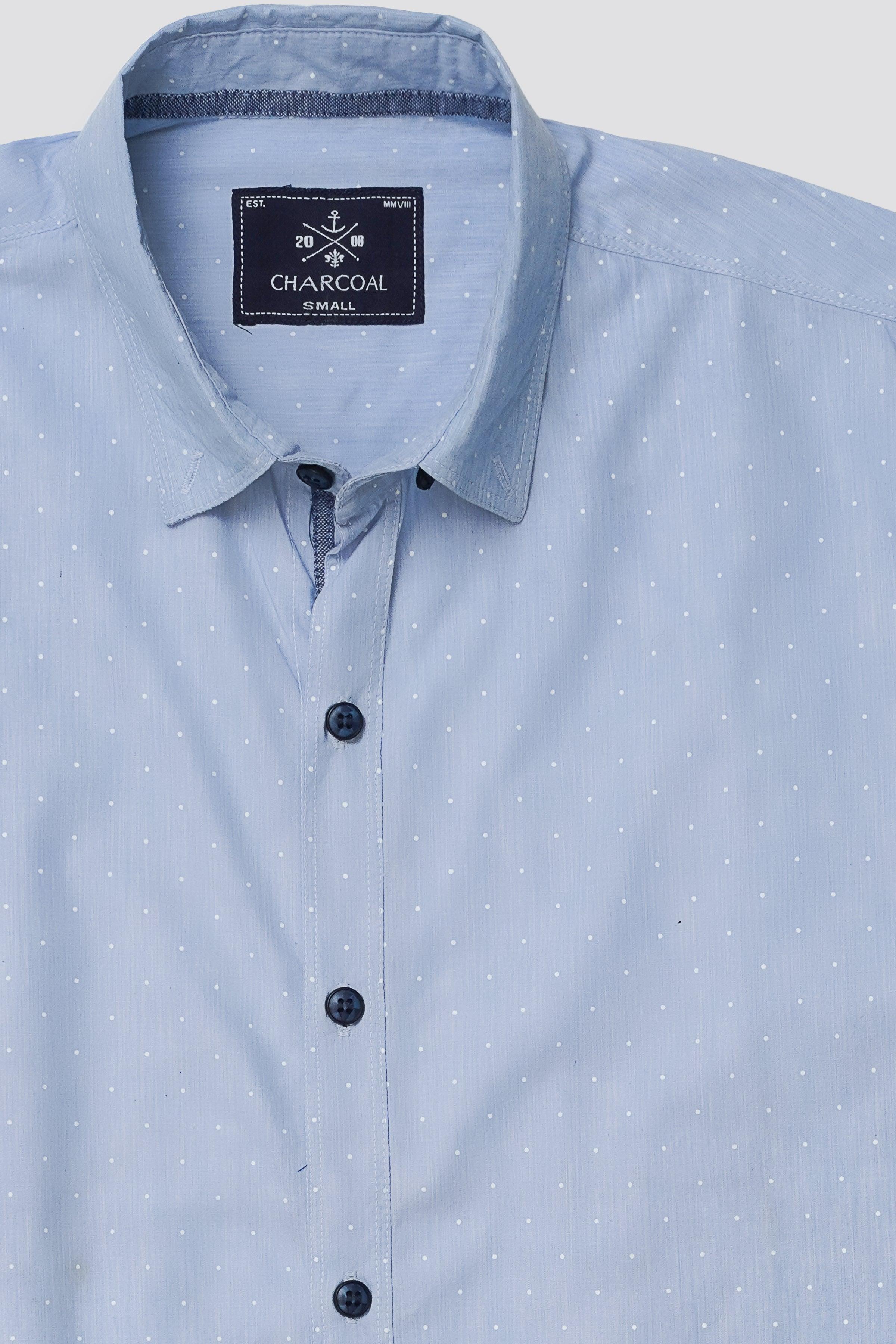 Sky blue casual shirt close-up: spread collar with black buttons and woven texture