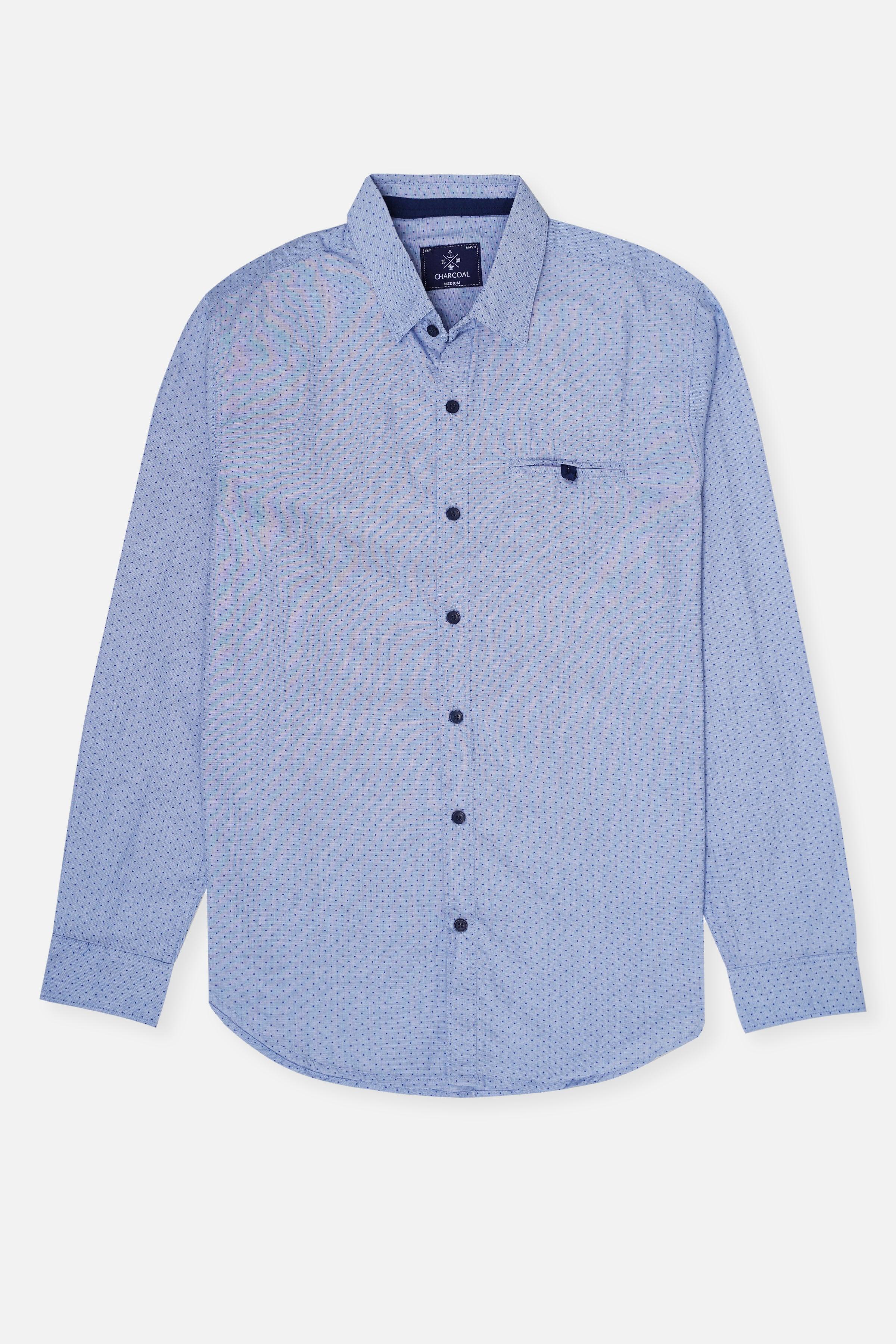 Men's button-up casual shirt in light blue with small dotted pattern, long sleeves