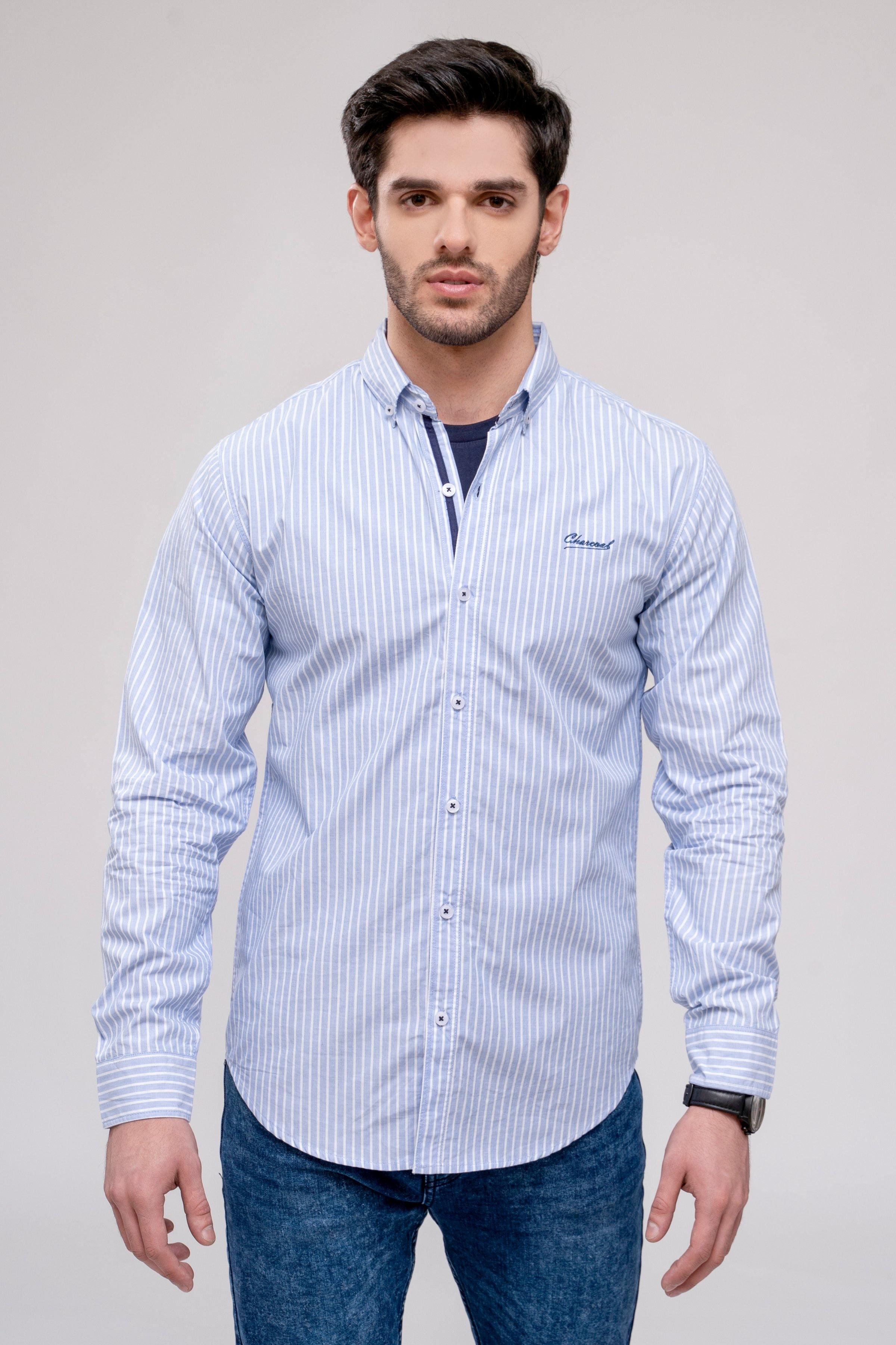 Men's casual button-front shirt, light blue with white vertical pin stripes, chest logo