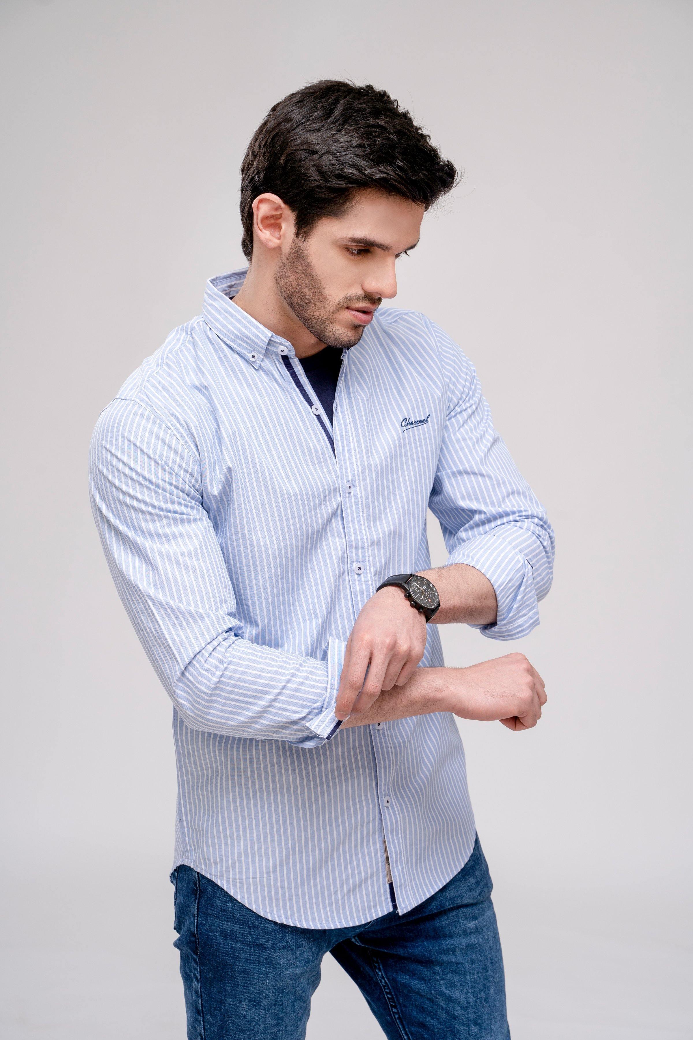 Men's casual shirt in light blue with white thin vertical stripes, button-front collar