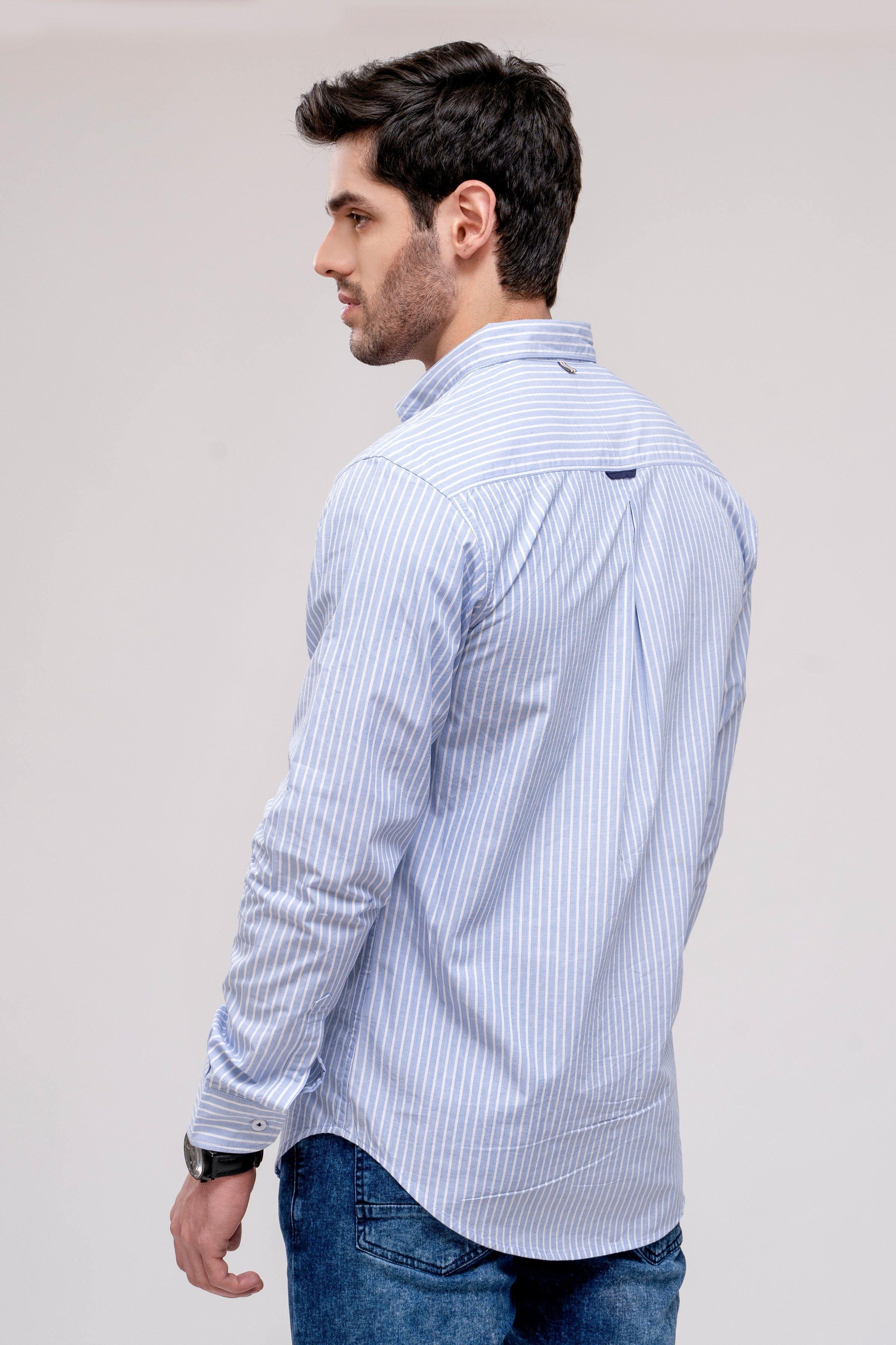 Men's casual shirt, light blue with white vertical stripes, turned-away side view, curved hem