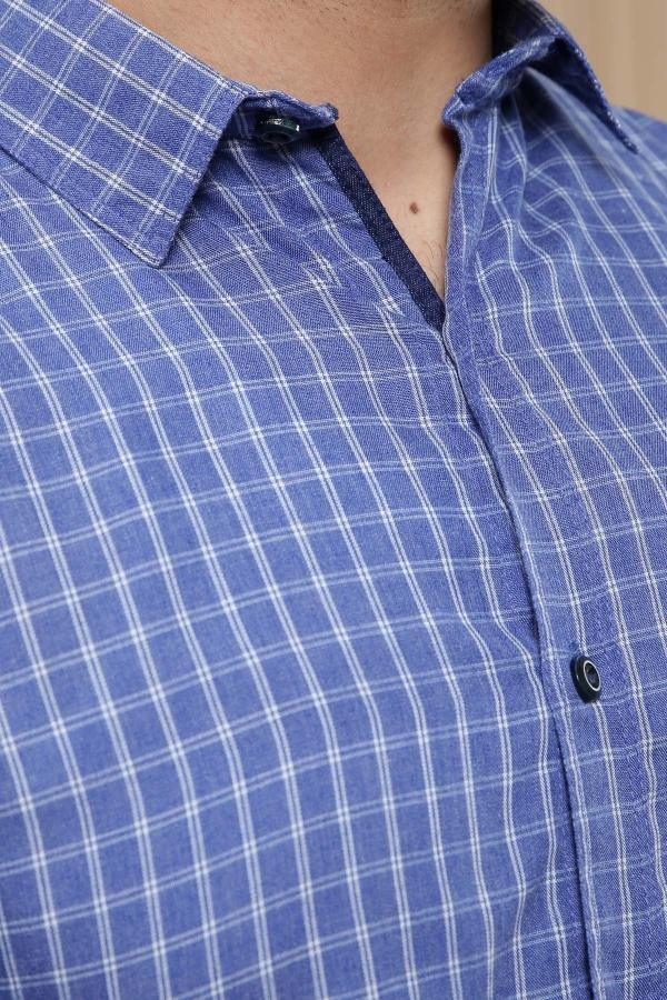 Blue check casual shirt close-up with spread collar and button front