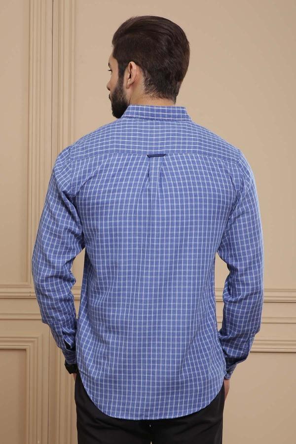 Slim-fit casual shirt back view, blue with white check pattern