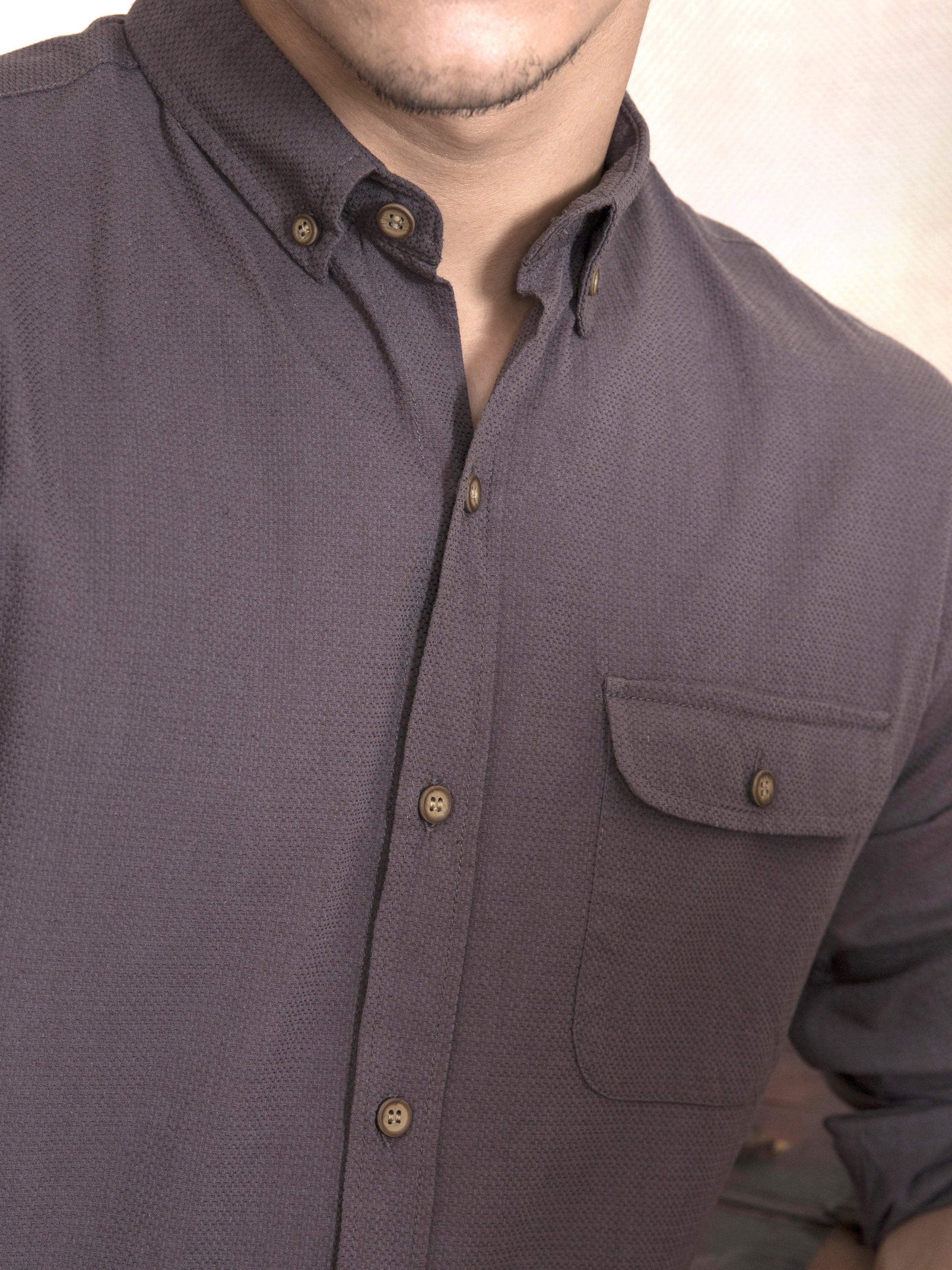 Long-sleeve shirt front, moss brown with button placket and chest pocket
