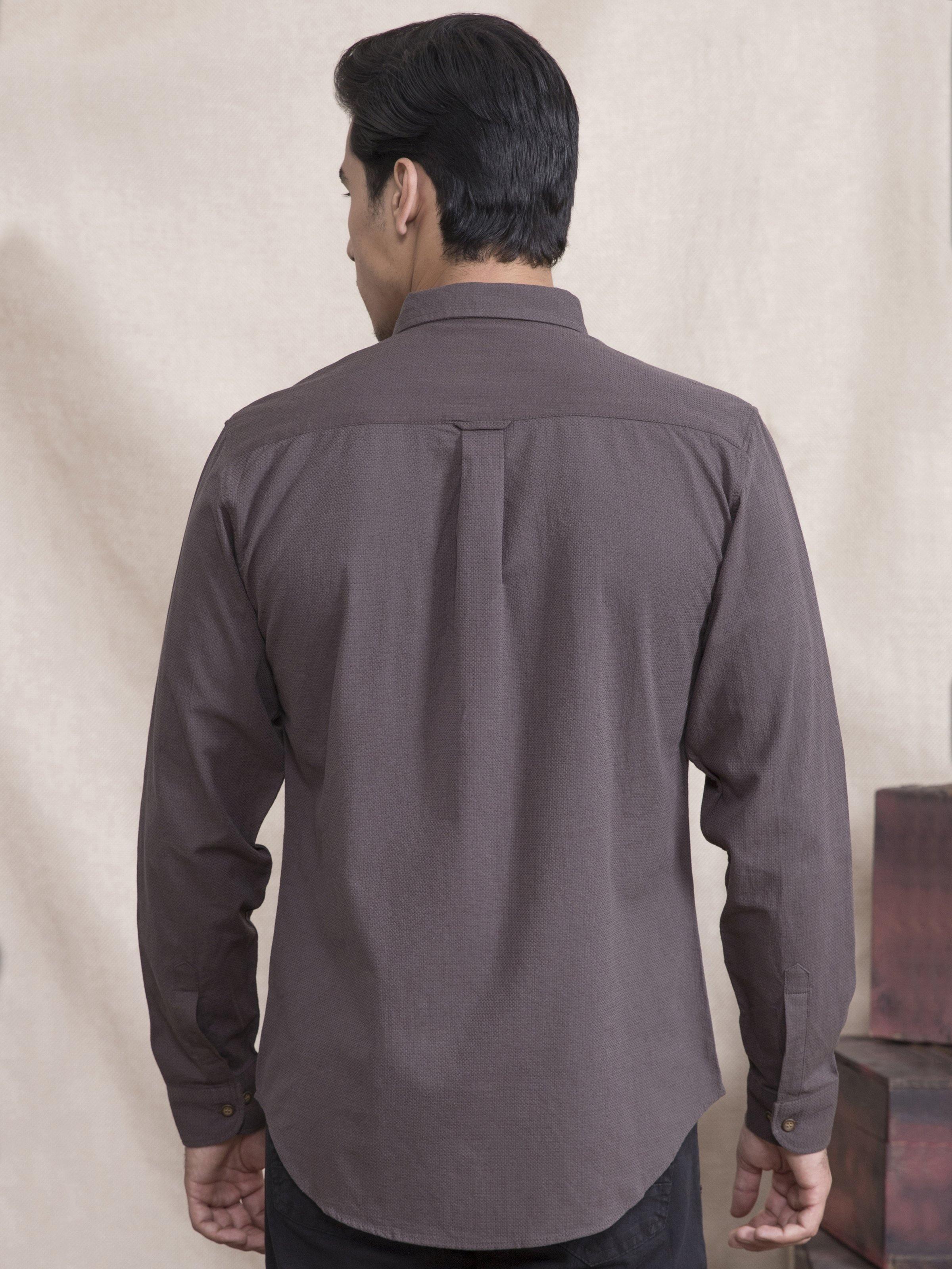 Slim-fit long-sleeve shirt back view, moss brown with yoke and folded collar