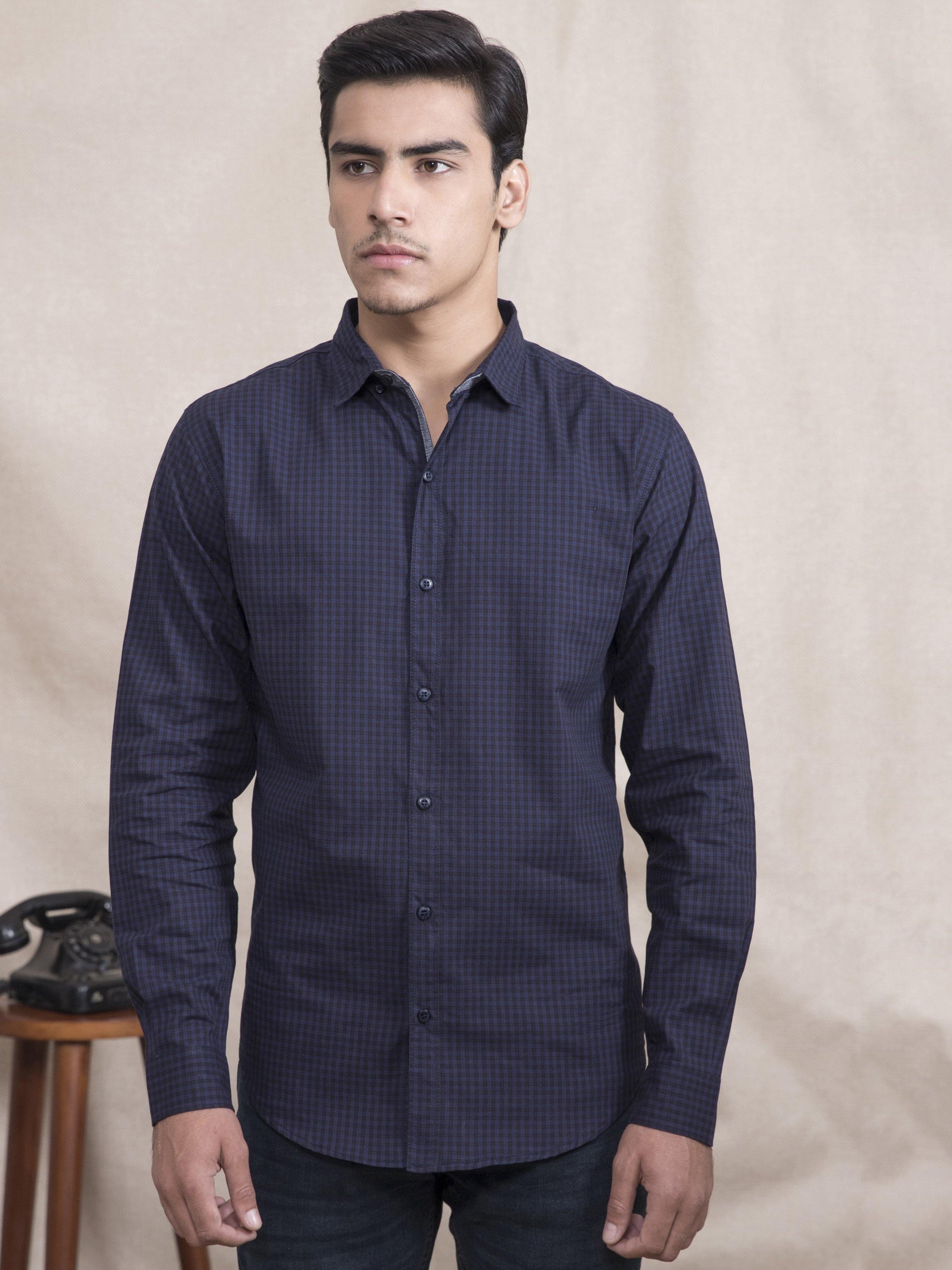 Navy checked slim-fit long-sleeve button-down shirt with chest buttons