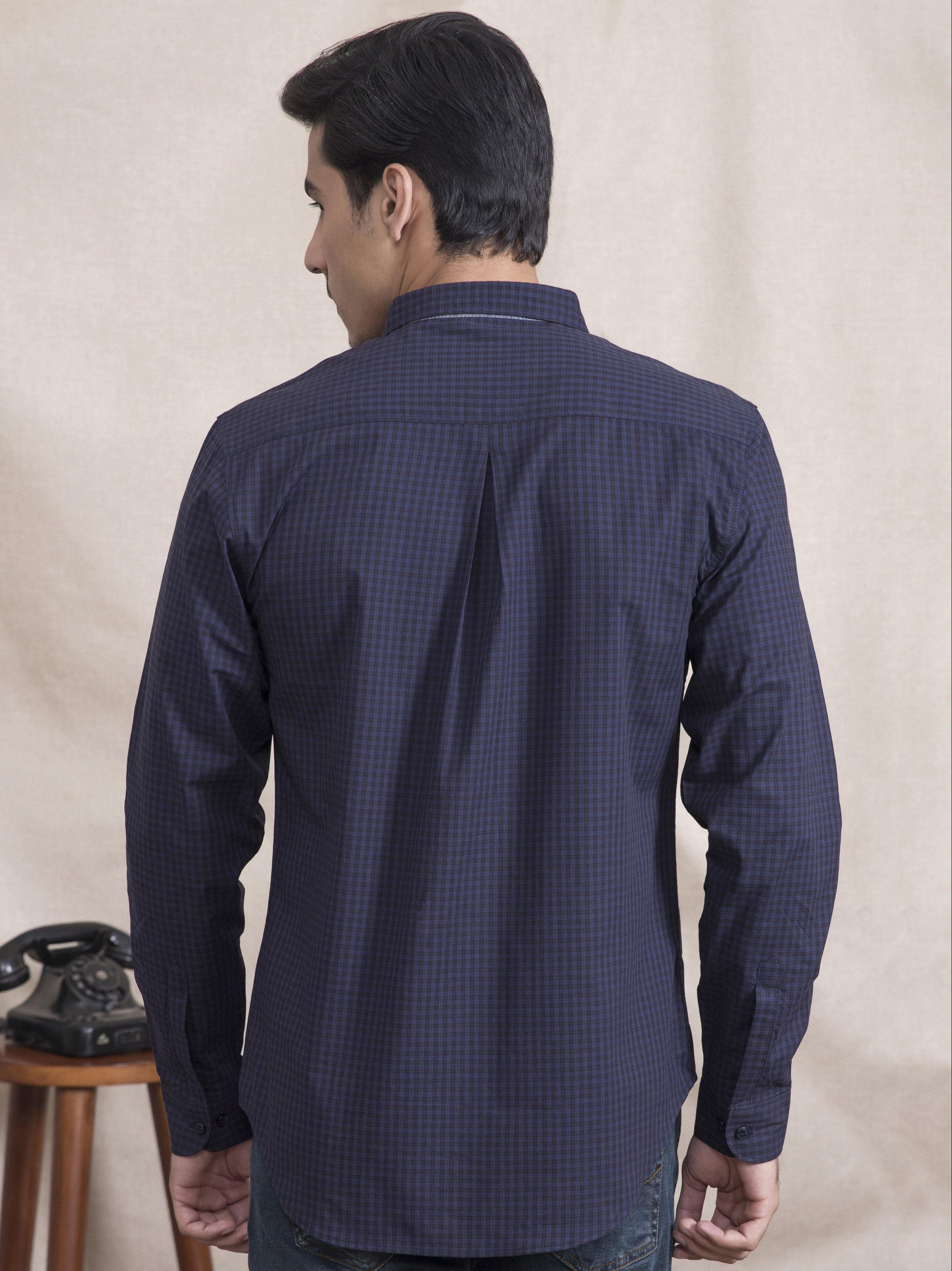 Navy checked long-sleeve button-down shirt, back view