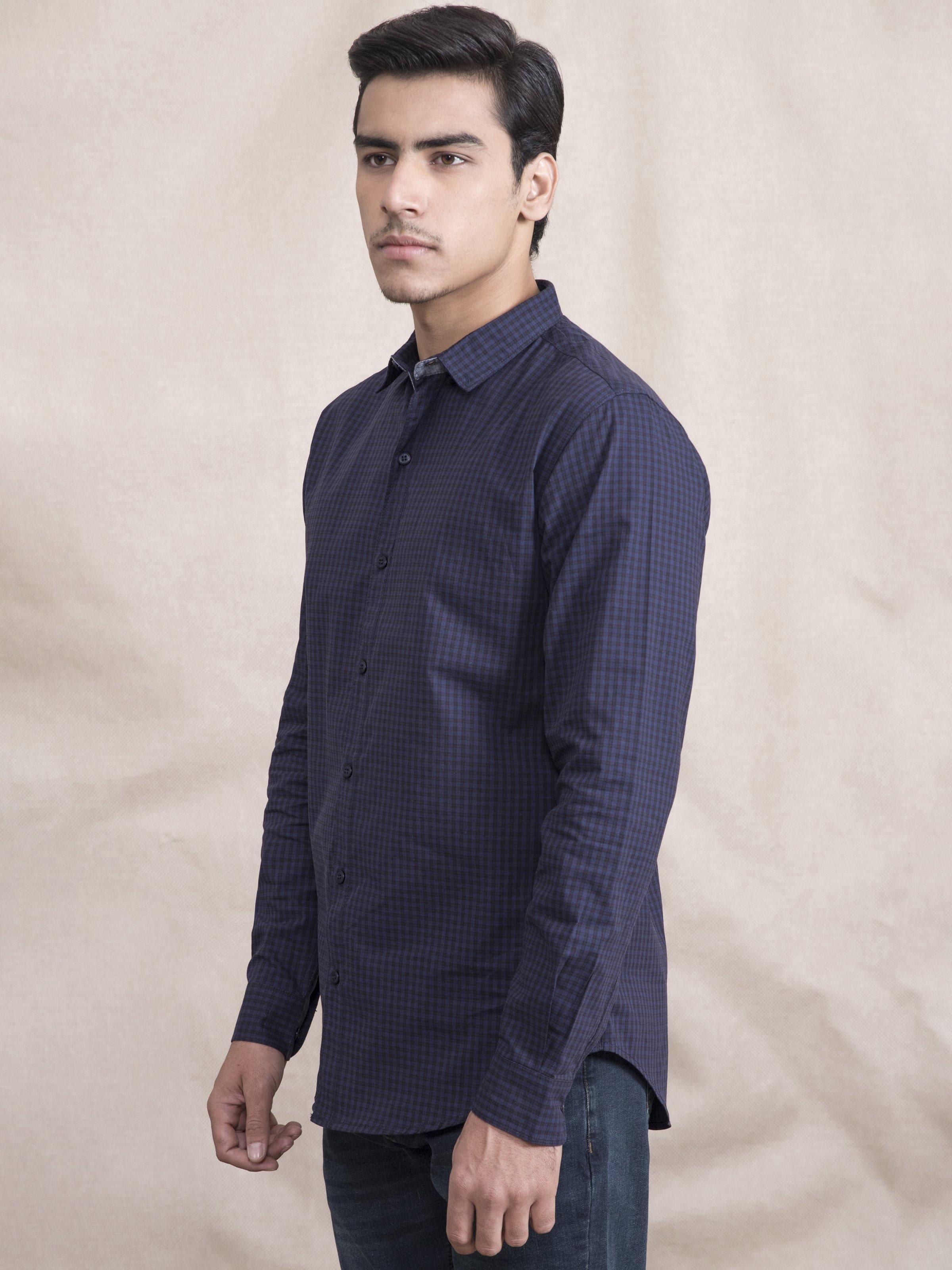 Navy checked slim-fit long-sleeve button-down shirt, side view