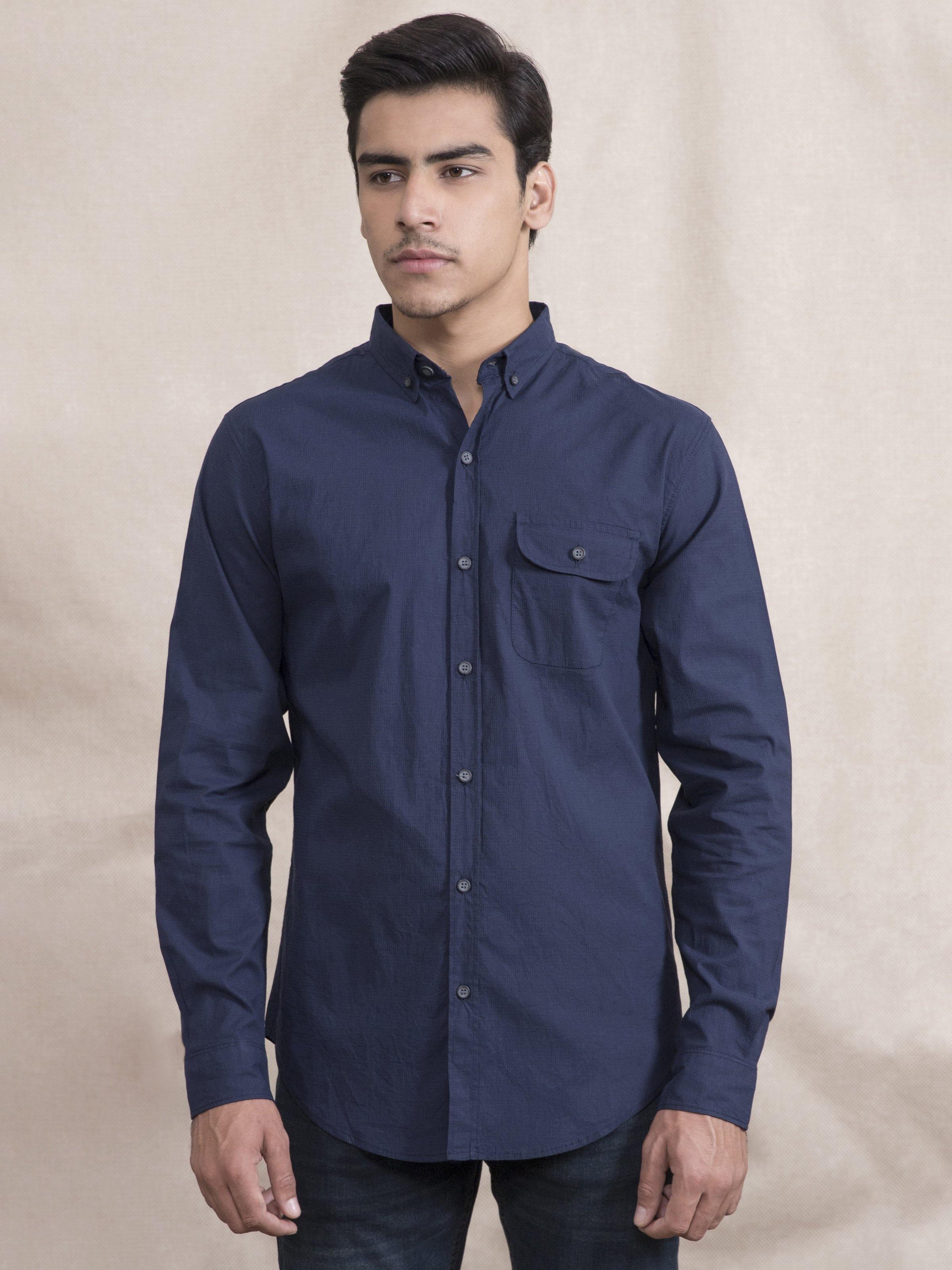 Navy slim-fit casual button-up shirt with full sleeves and chest pocket