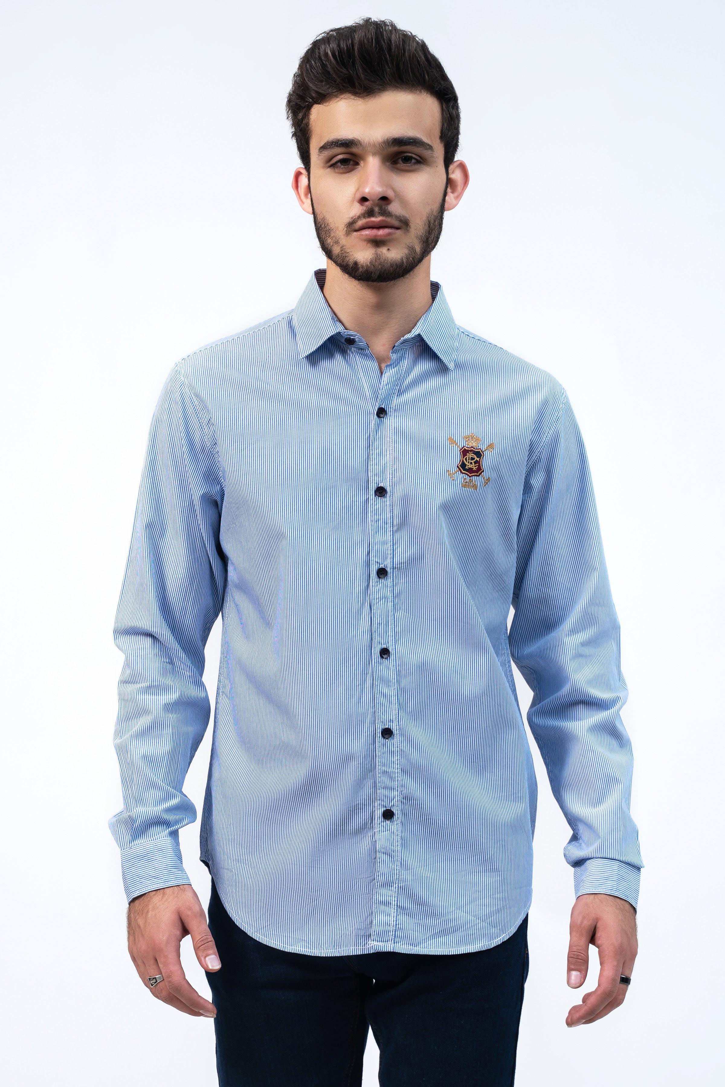 CASUAL SHIRT WHITE BLUE PIN STRIPES at Charcoal Clothing