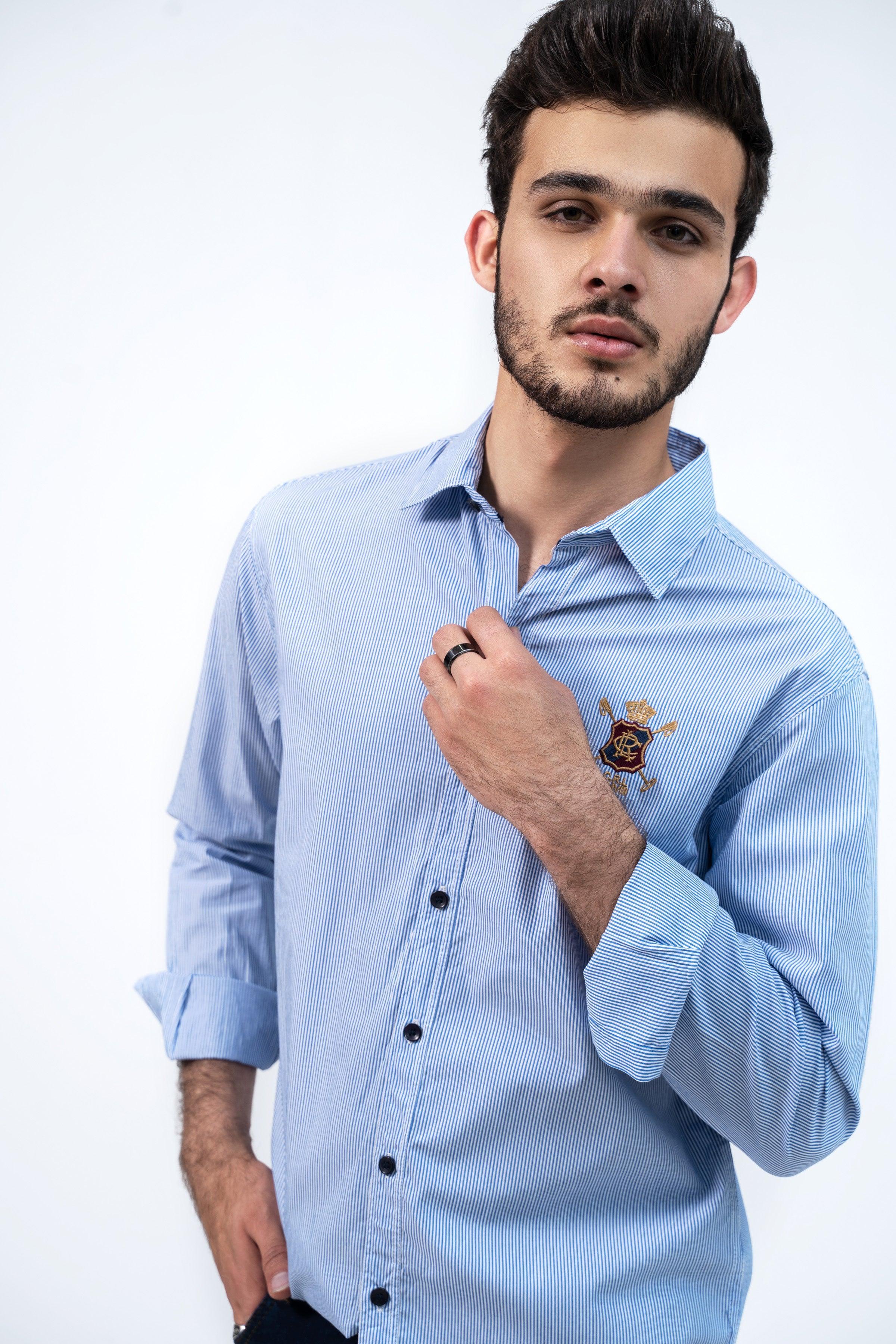 CASUAL SHIRT WHITE BLUE PIN STRIPES at Charcoal Clothing