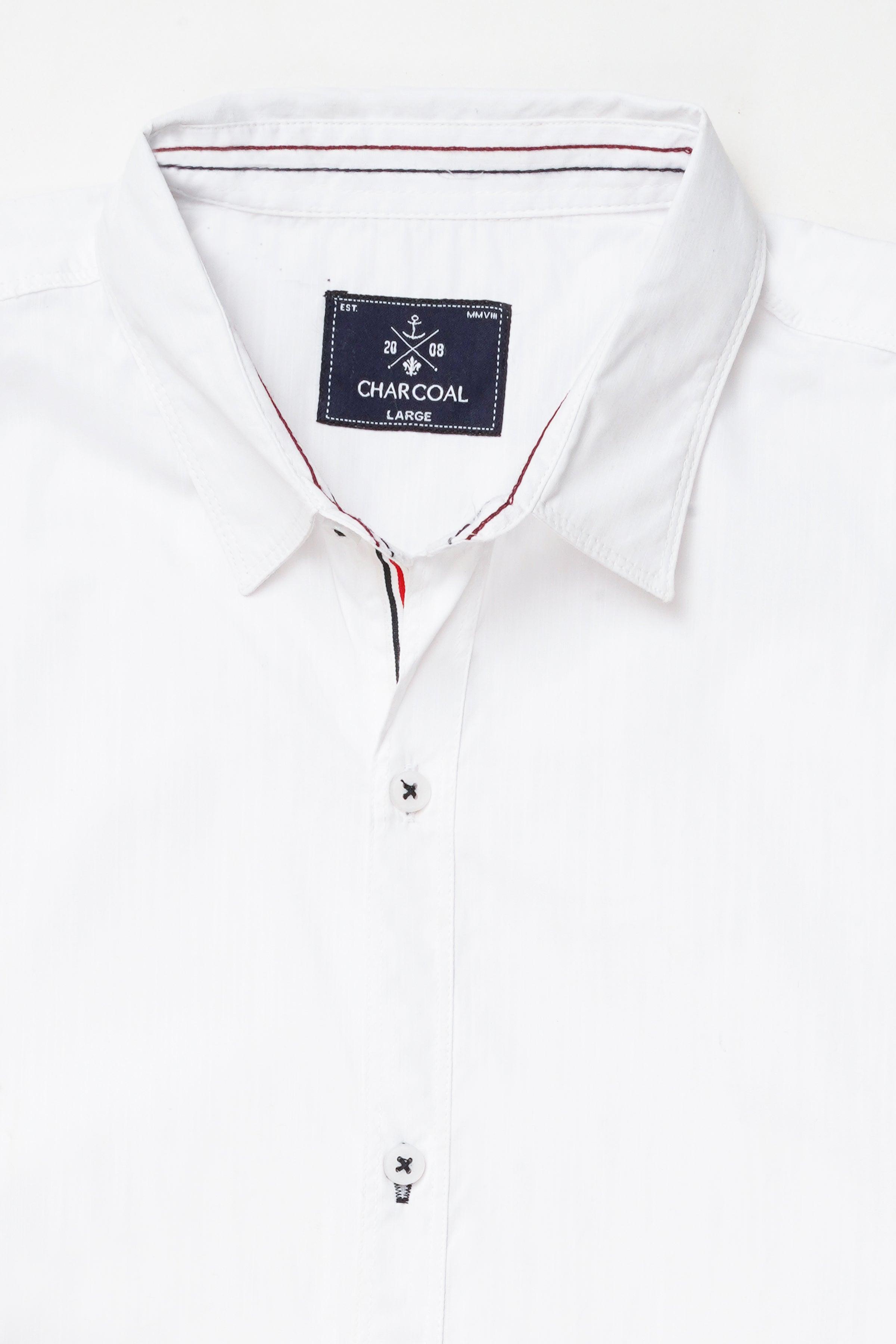 White casual shirt collar with branded label, contrast trim, and button placket