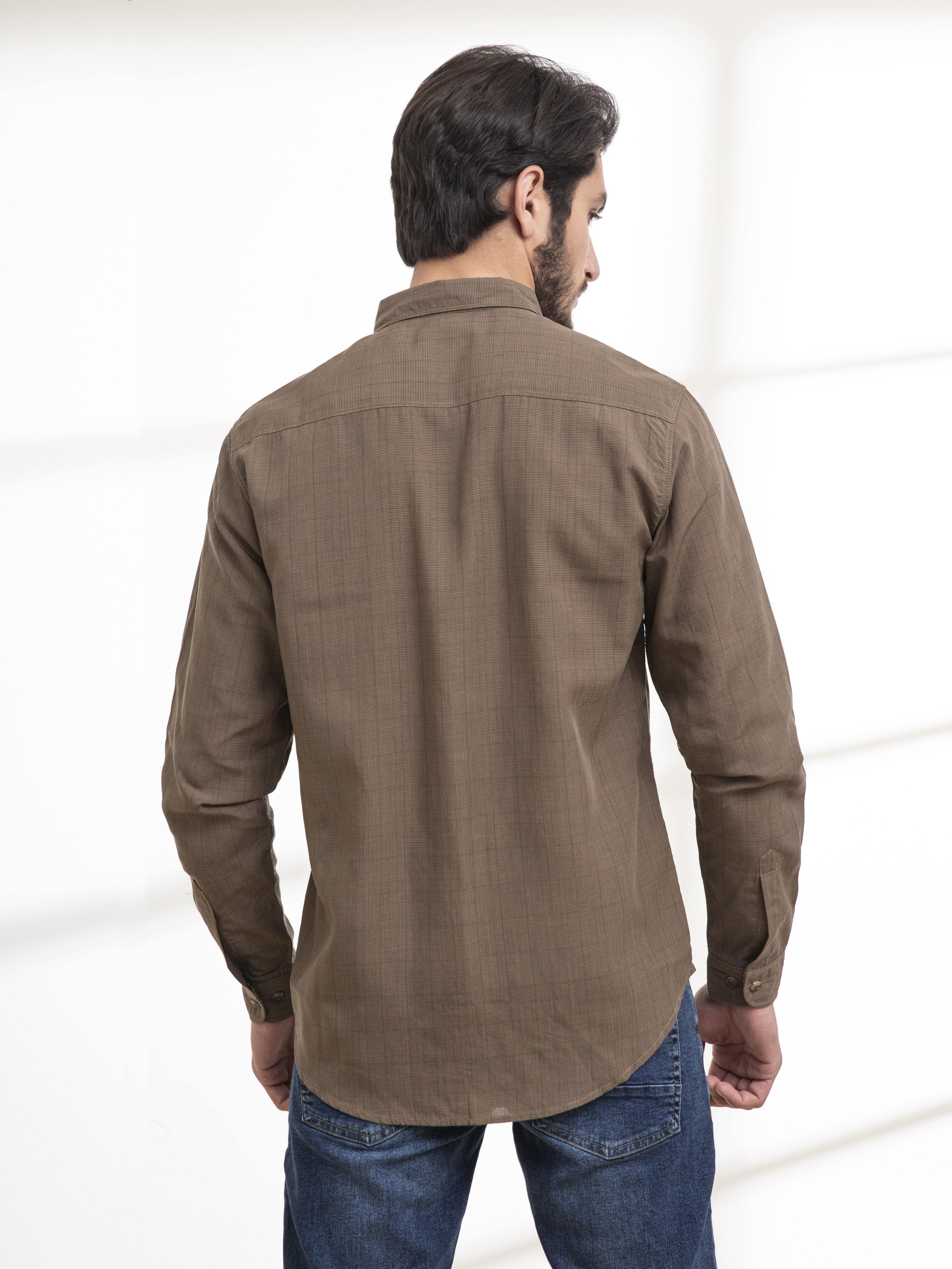 Brown check long-sleeve casual shirt, back view with button placket and collar