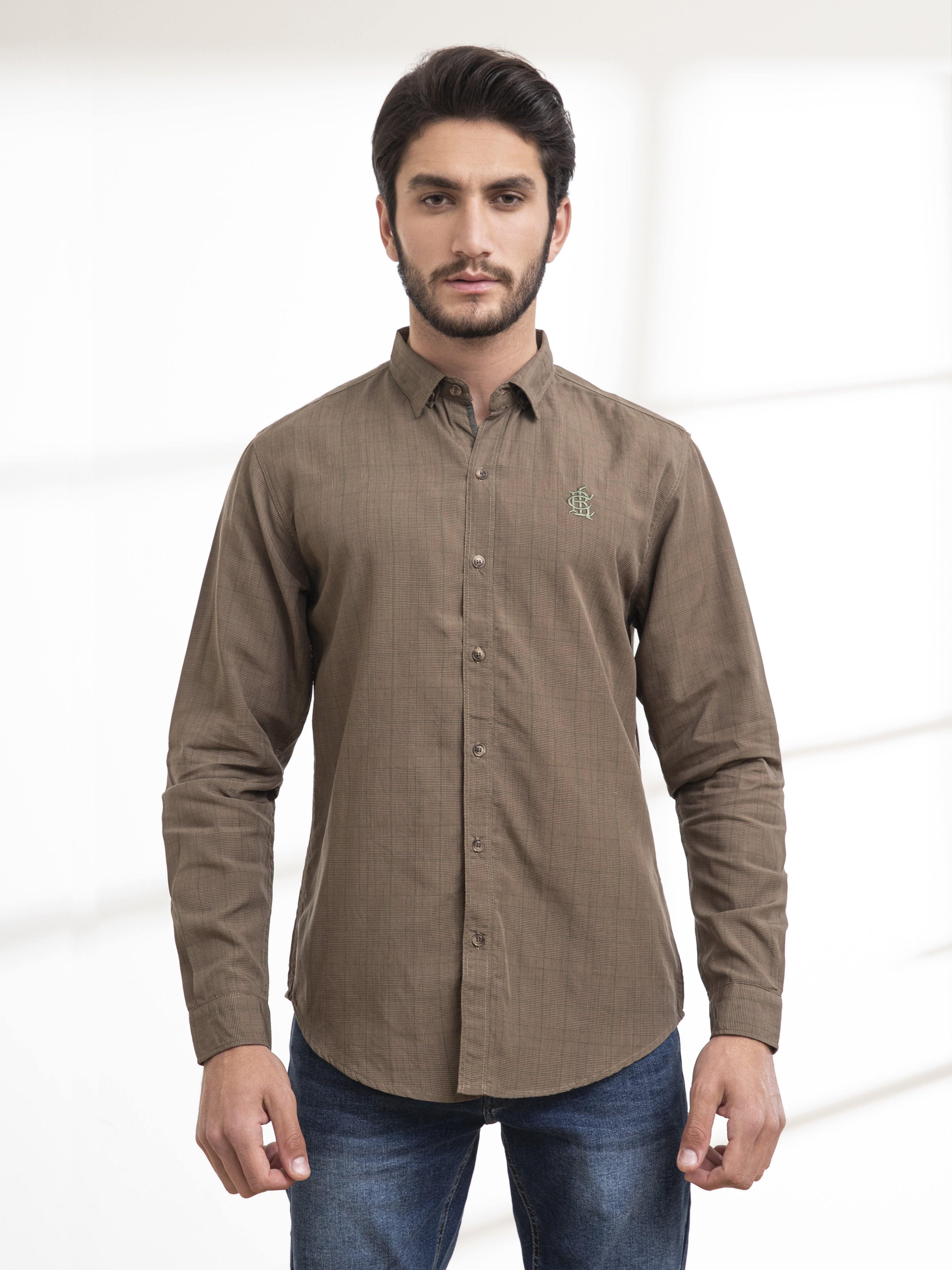 Brown check long-sleeve casual shirt with button-down collar and chest logo