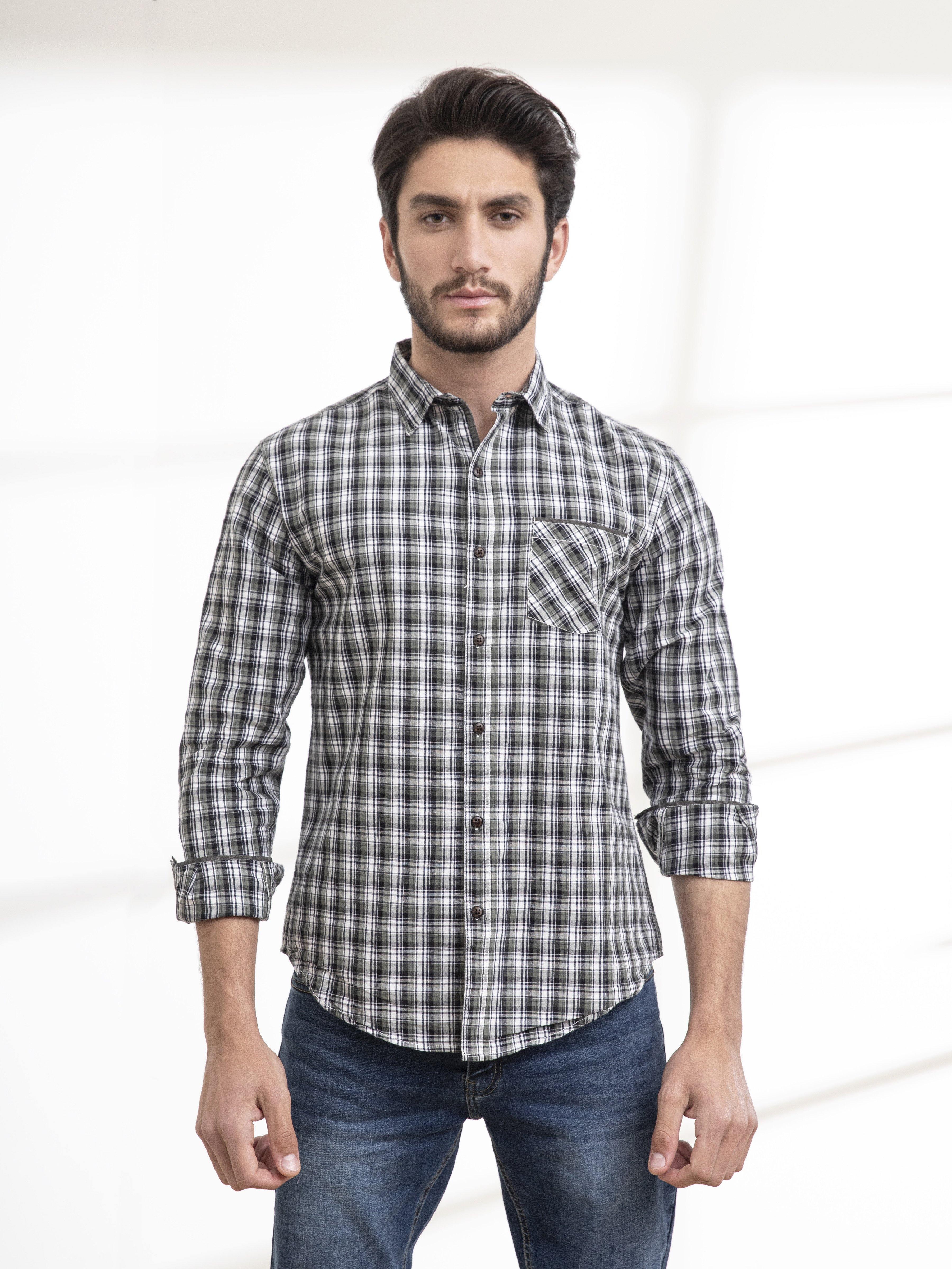 Men’s green-and-white check button-up shirt, full sleeves, front view