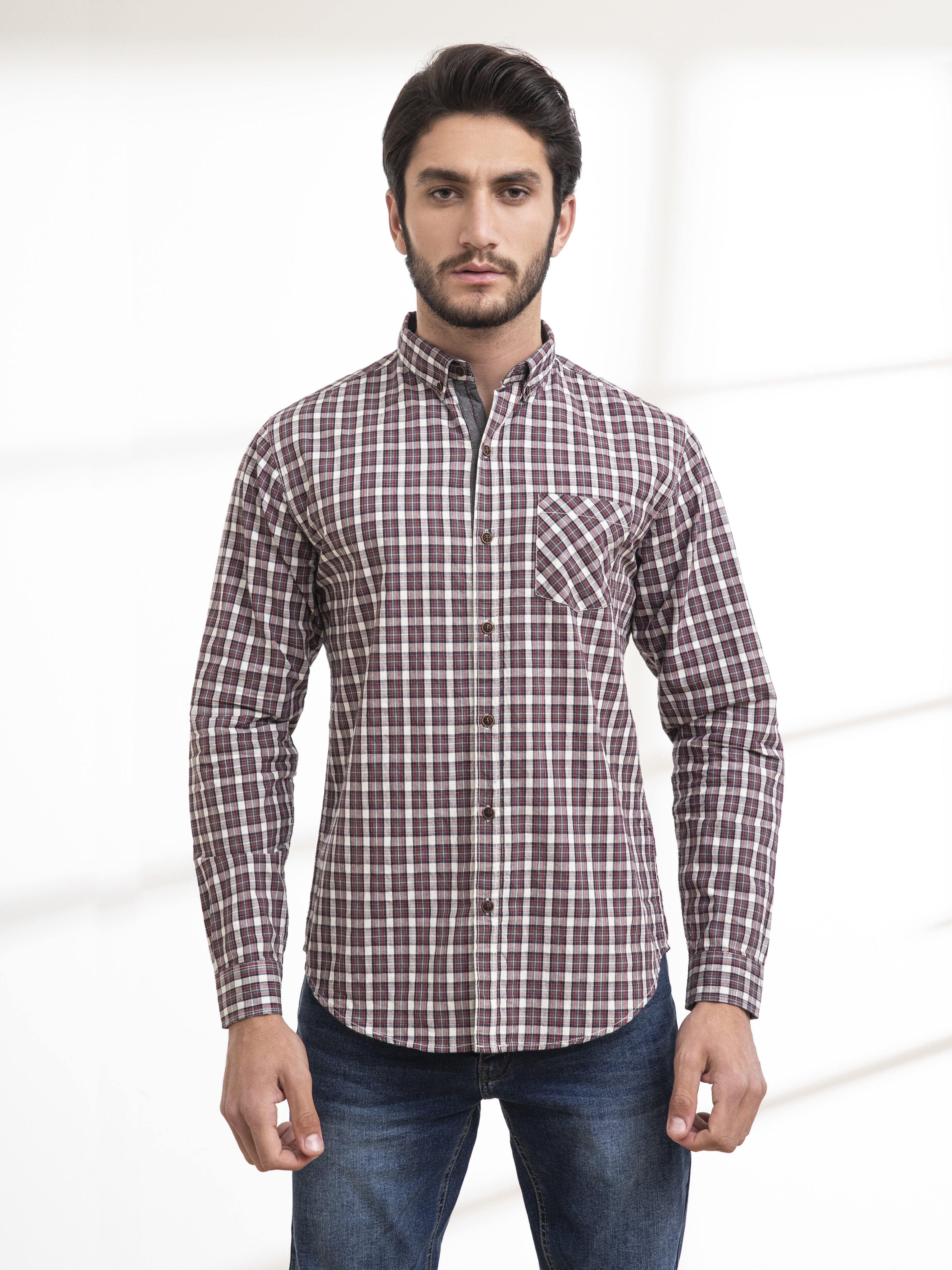 Men's plaid full-sleeve shirt with button-front and chest pocket, dark red and gray