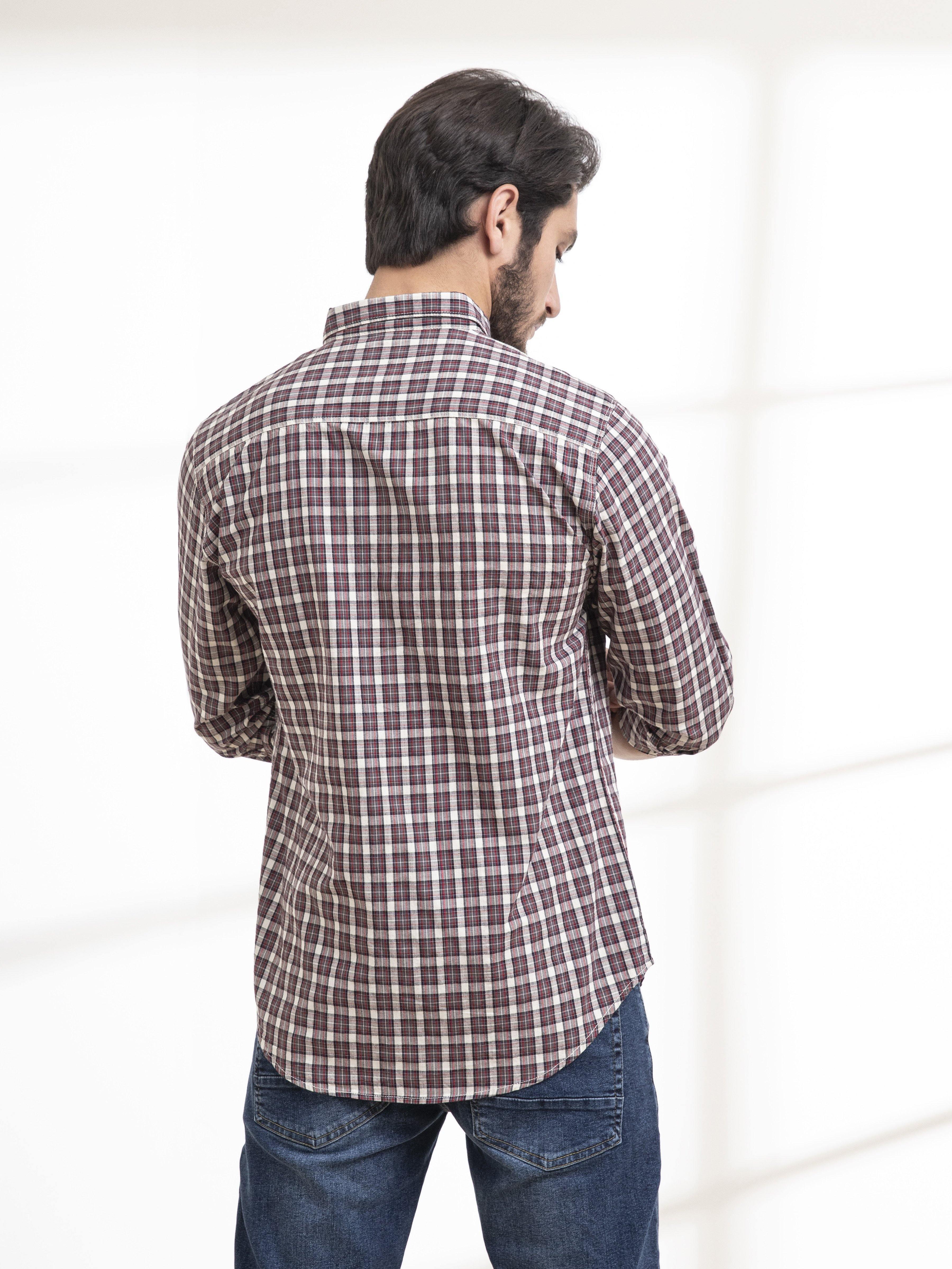 Men's plaid full-sleeve shirt, back view, button-front and yoke detail