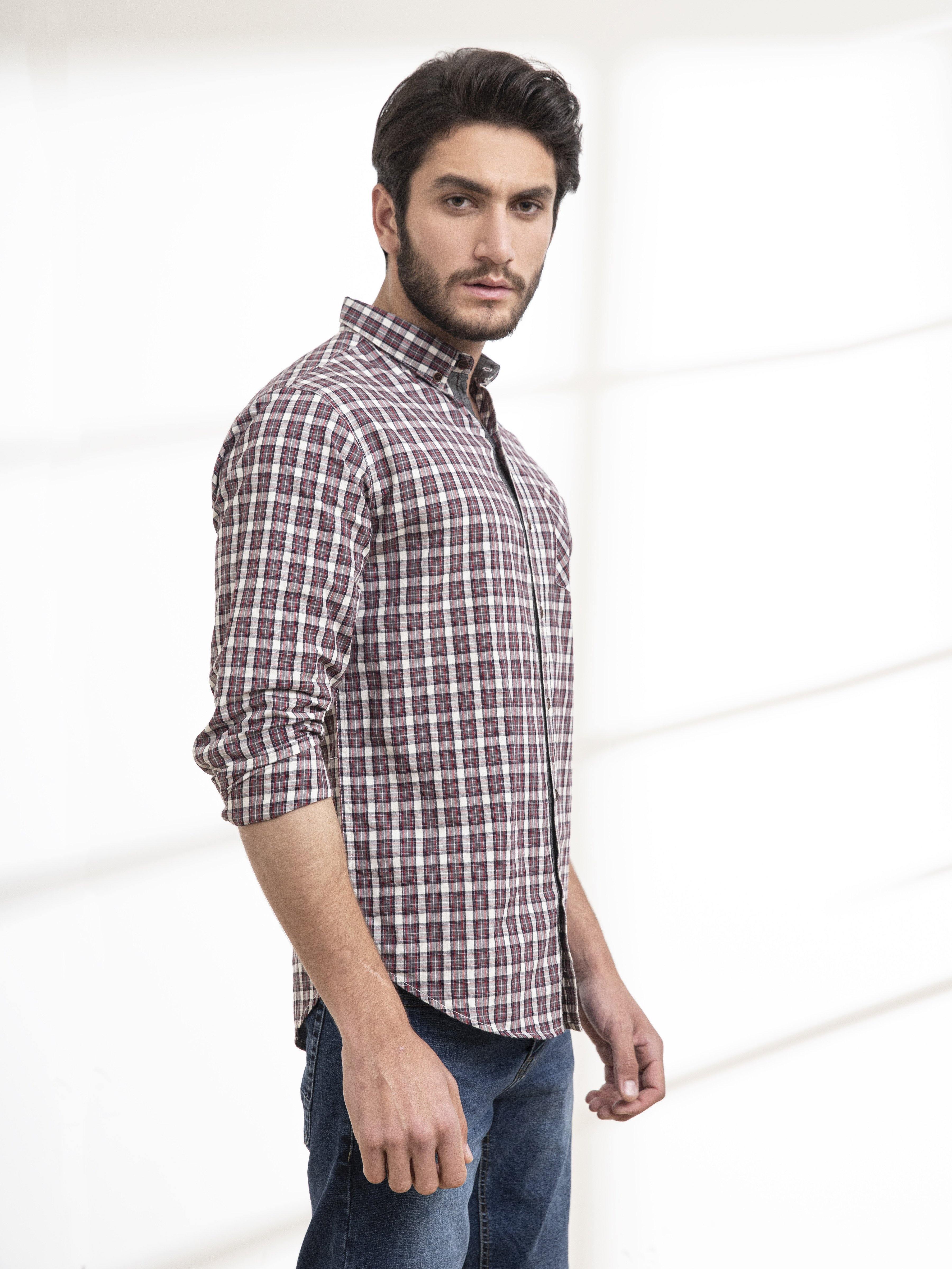 Men's plaid full-sleeve casual shirt, button-front, dark red and gray checks