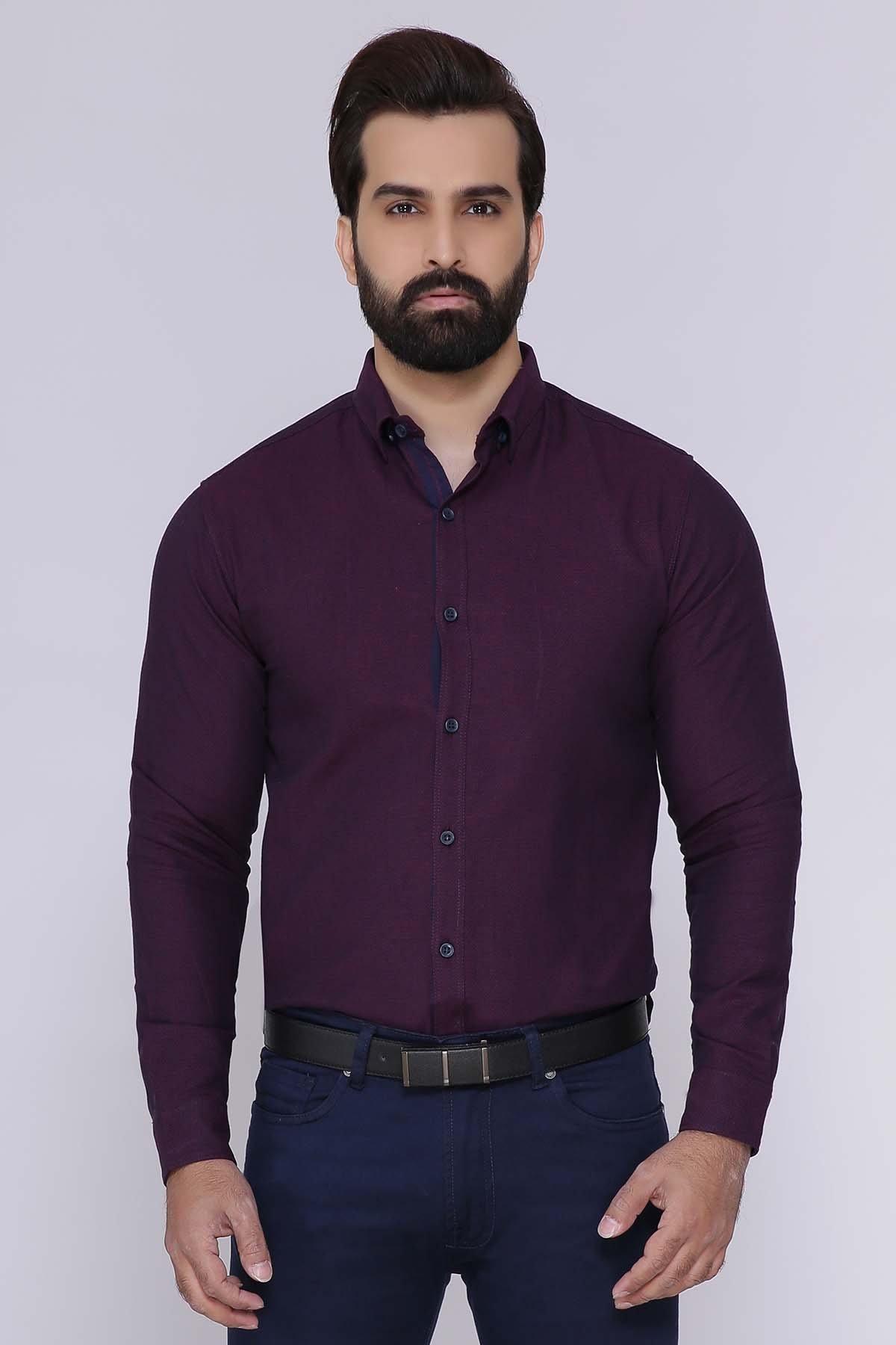 Dark purple full-sleeve casual button-up shirt, front view with button closure