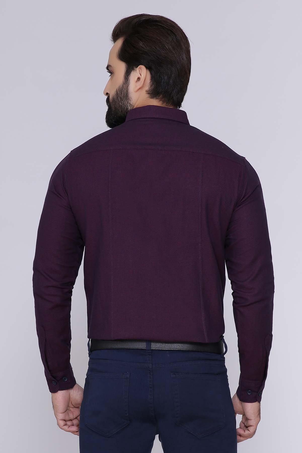 Dark purple full-sleeve casual button-up shirt, back view with yoke and hem