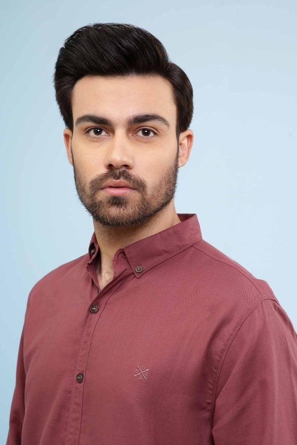 Maroon slim-fit long-sleeve button-up shirt, close-up collar and placket