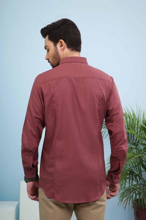 Maroon slim-fit long-sleeve button-up shirt, back view with yoke