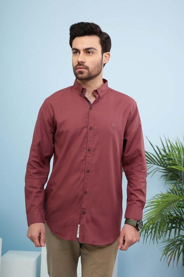 Maroon slim-fit long-sleeve button-up shirt with stand collar