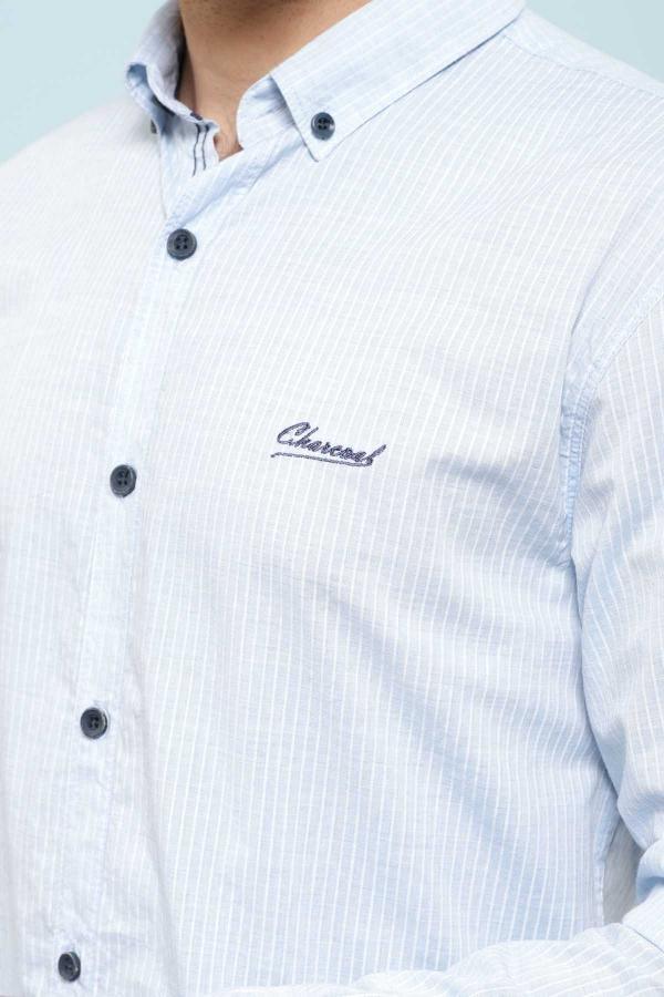 Slim fit full-sleeve casual shirt close-up: light blue pinstripes, button front, chest logo