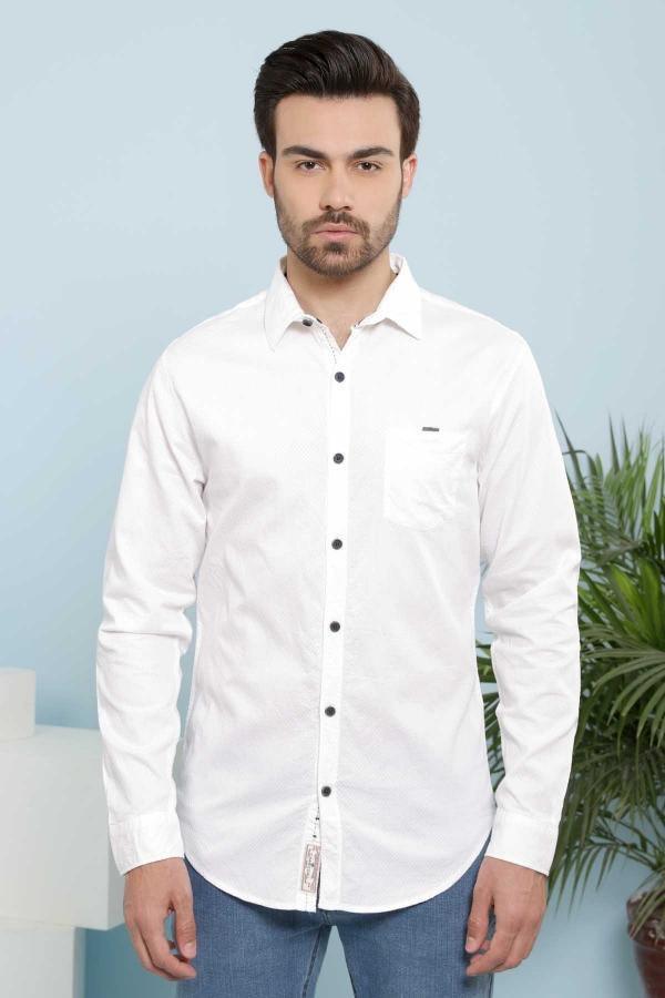 Slim fit white button-down casual shirt with long sleeves and chest pocket
