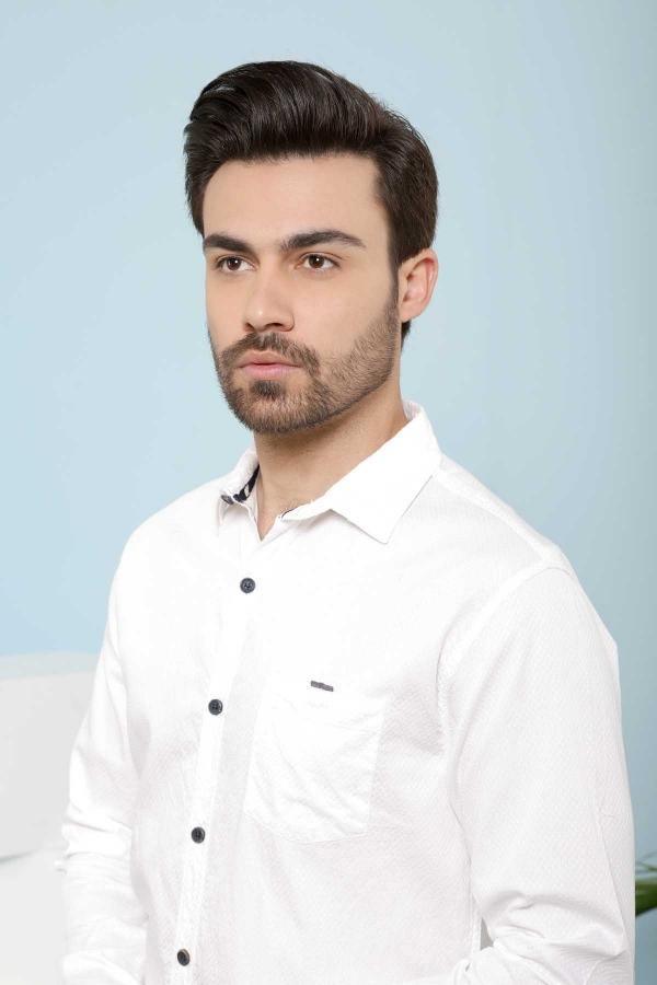 White button-down casual shirt, long sleeves, pointed collar and chest pocket