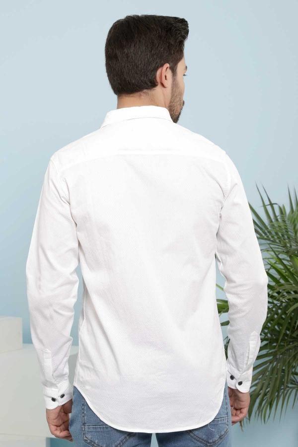 White slim fit button-down casual shirt with long sleeves, back view
