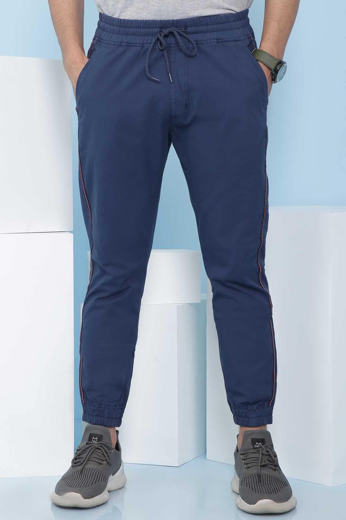 Men's blue casual trousers with drawstring waist and tapered legs