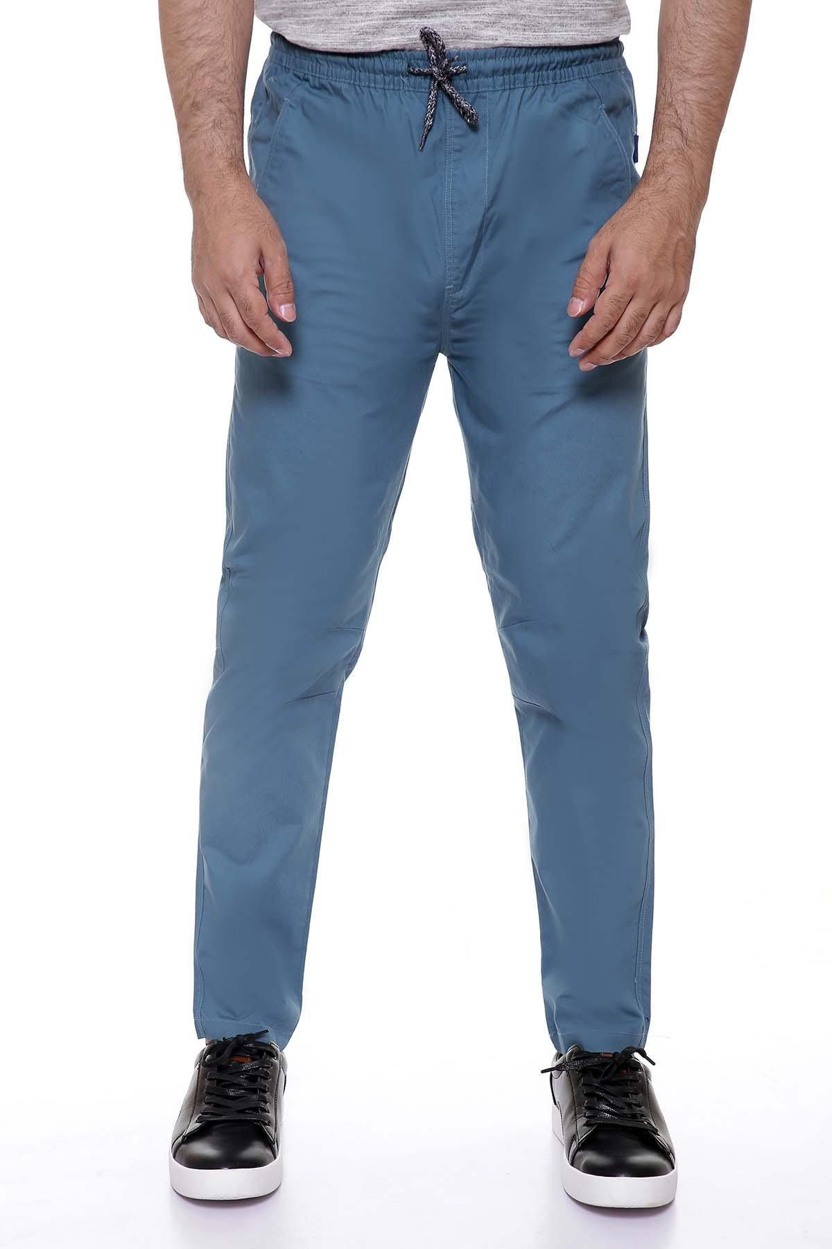 Blue casual trouser pants with drawstring waist and front pockets