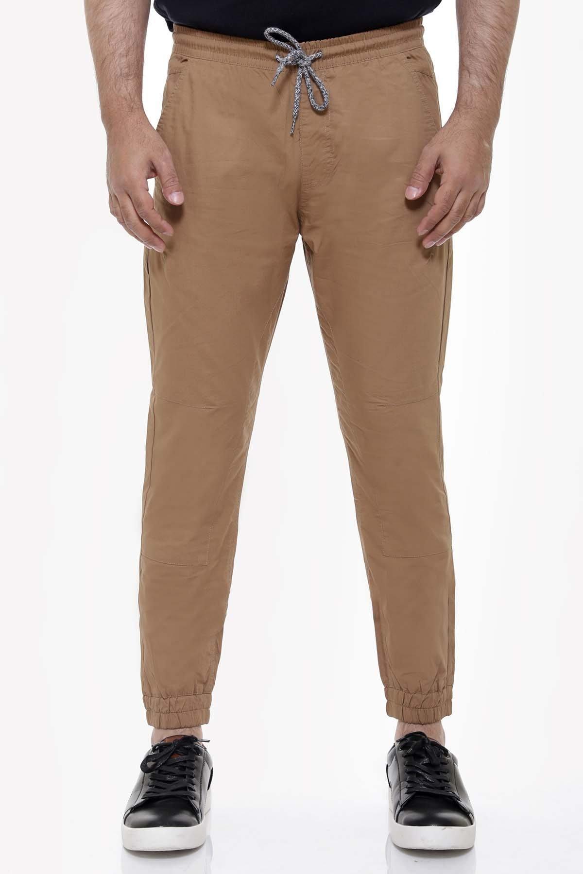 Men’s casual trousers in dark khaki with drawstring waist and cuffed ankles