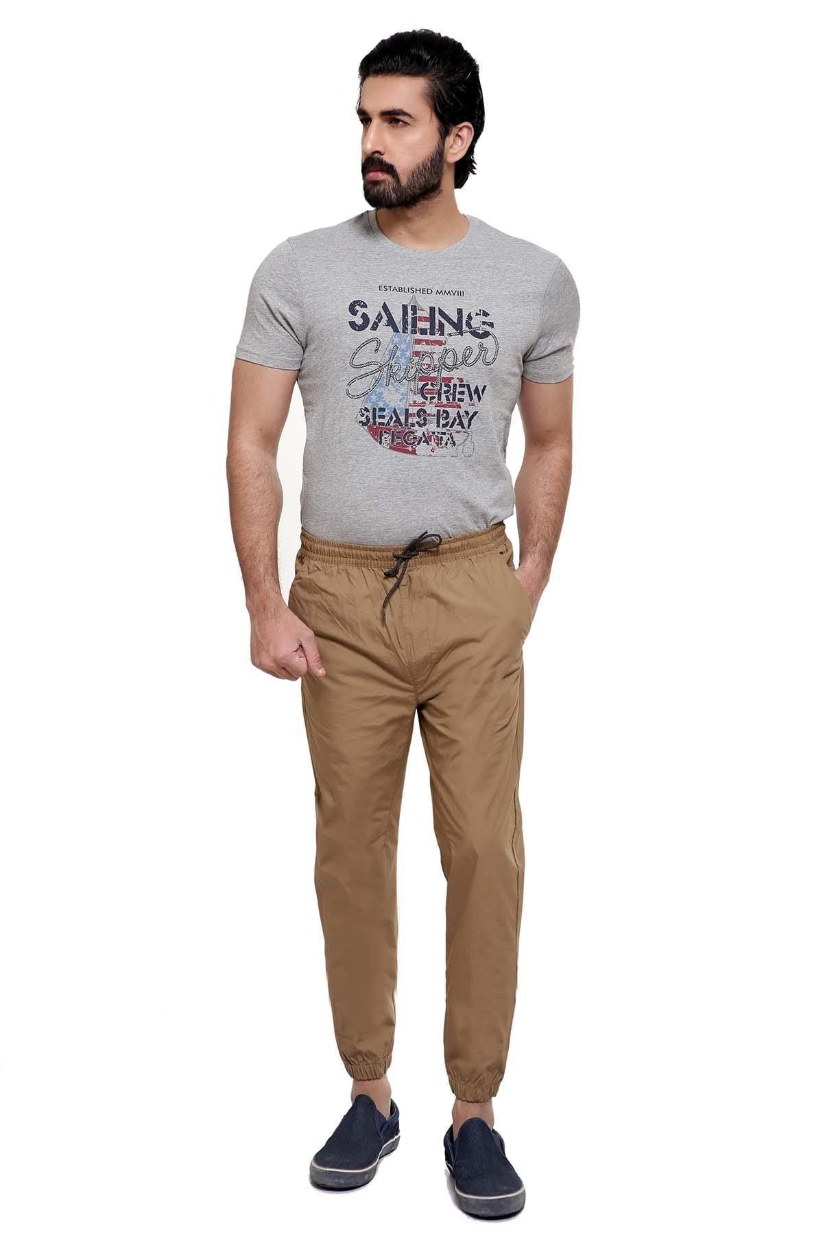 Men's dark khaki casual trousers with drawstring waist and side pockets
