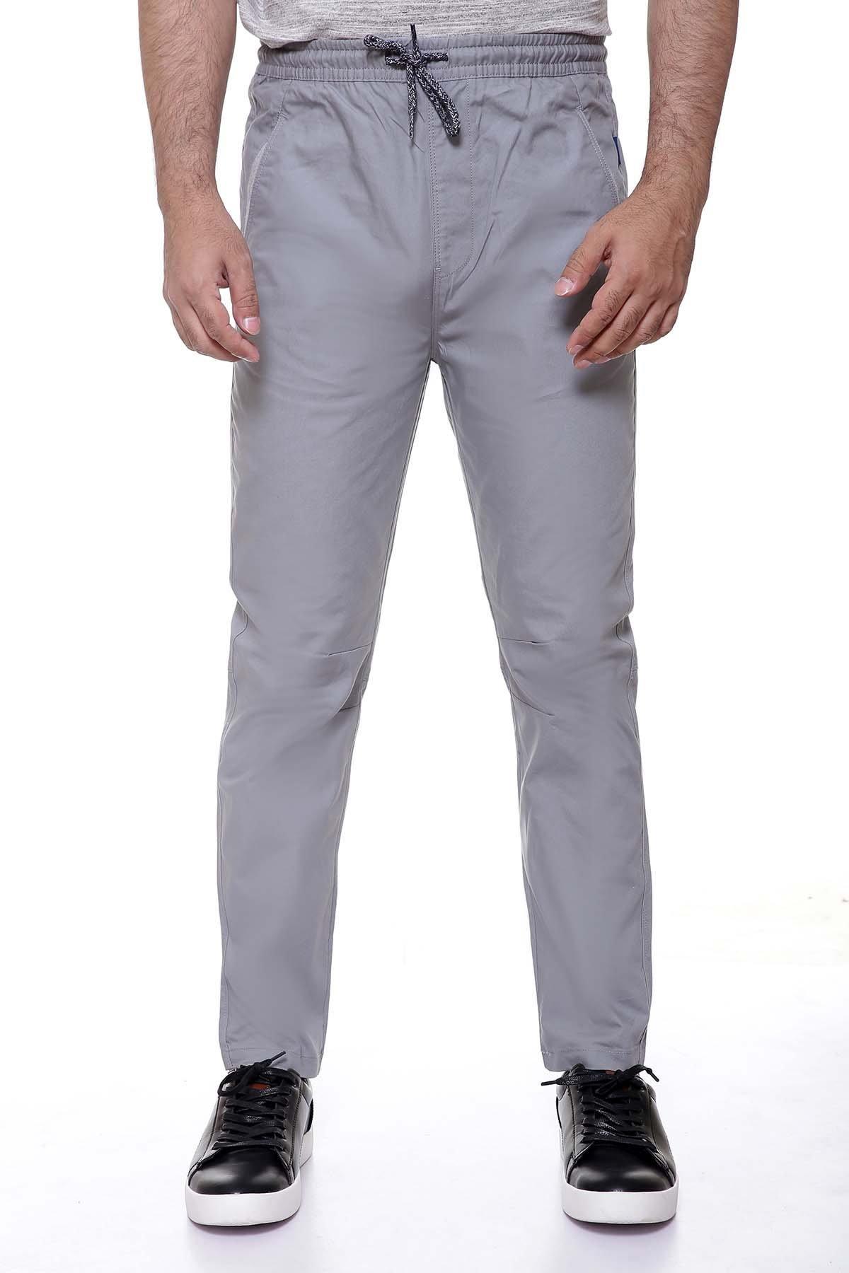 Grey casual trousers with drawstring waist and front pockets