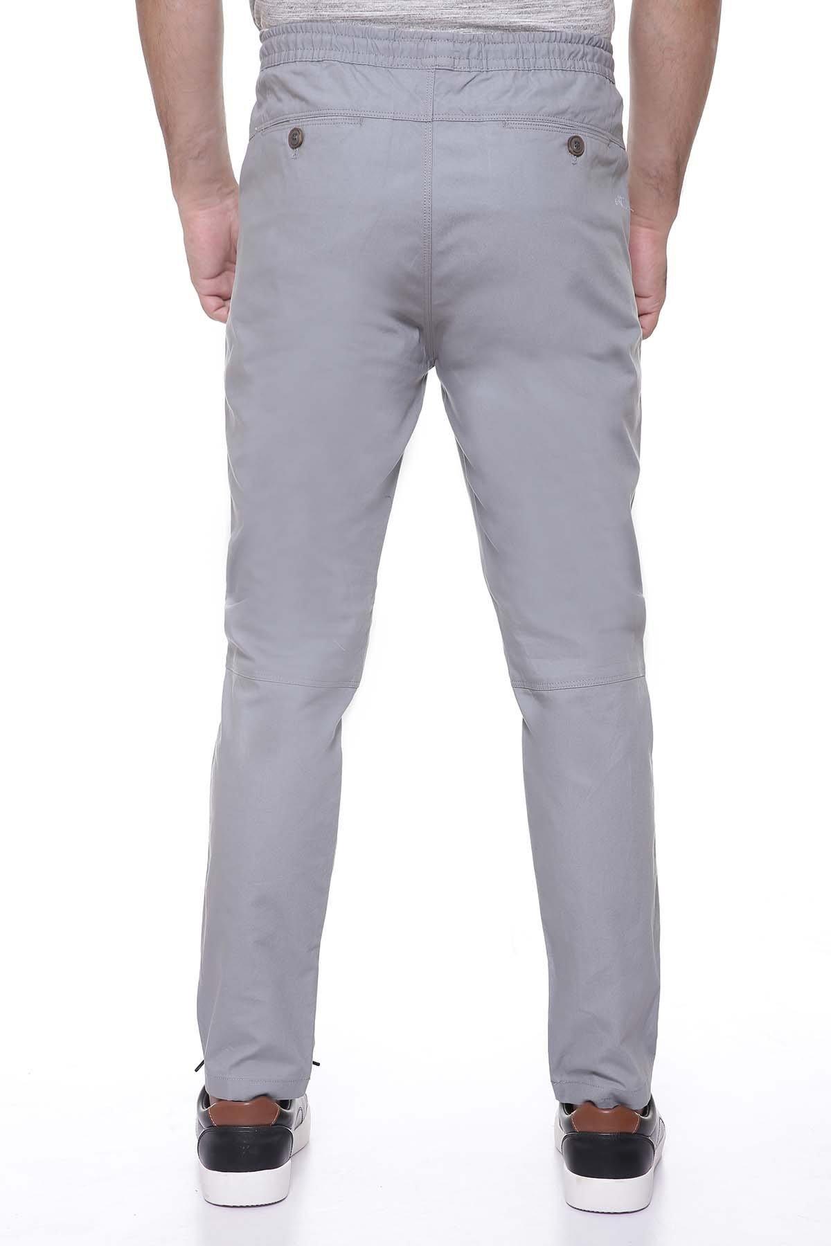 Grey casual trousers with back pockets and button waist closure