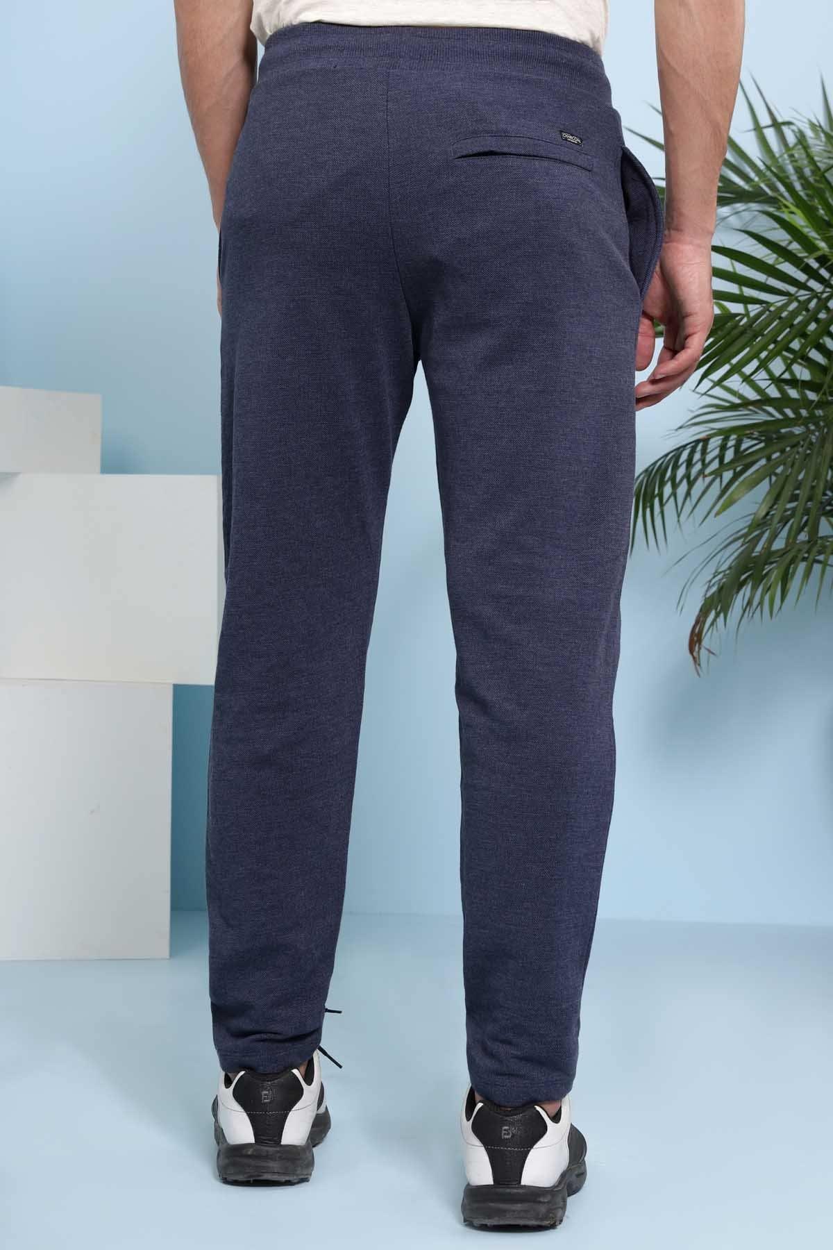 Indigo casual trousers with elastic drawstring waist and slim tapered fit