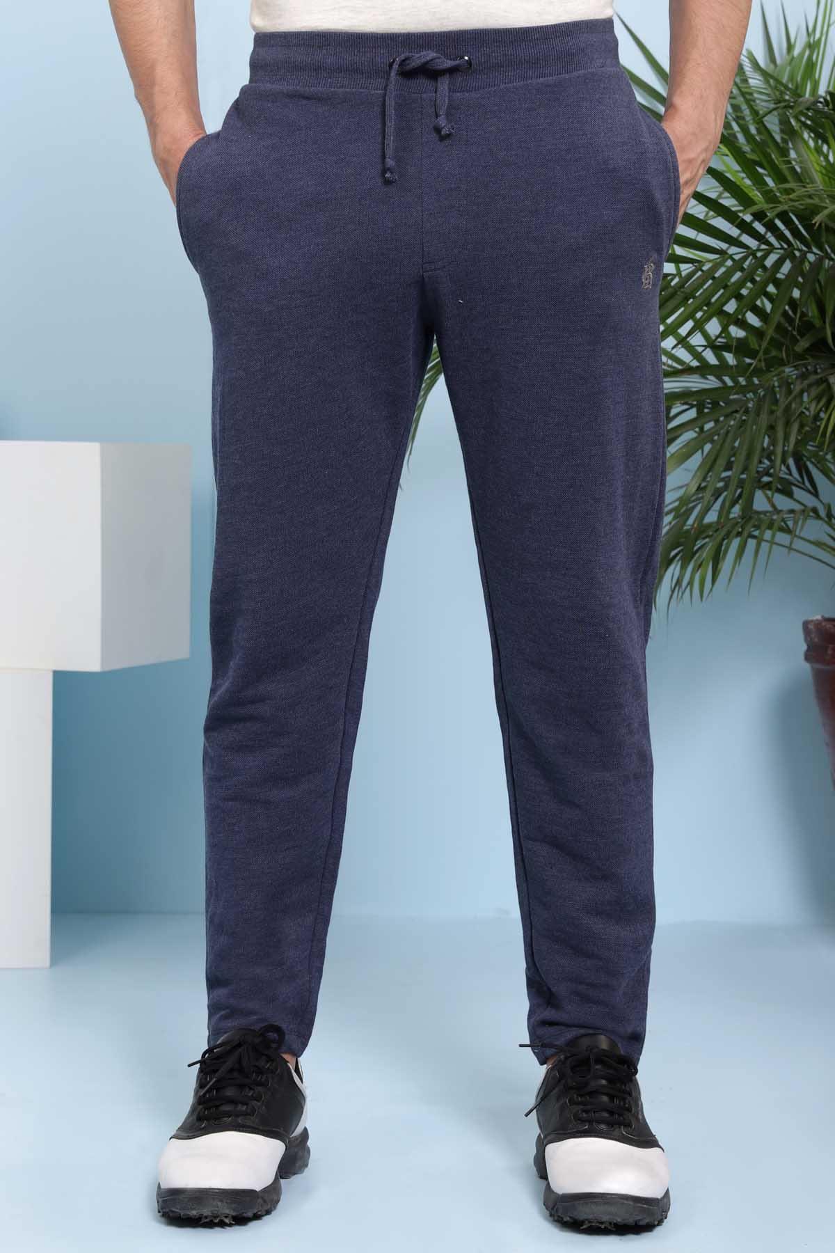 Indigo casual trousers with drawstring waist and tapered legs