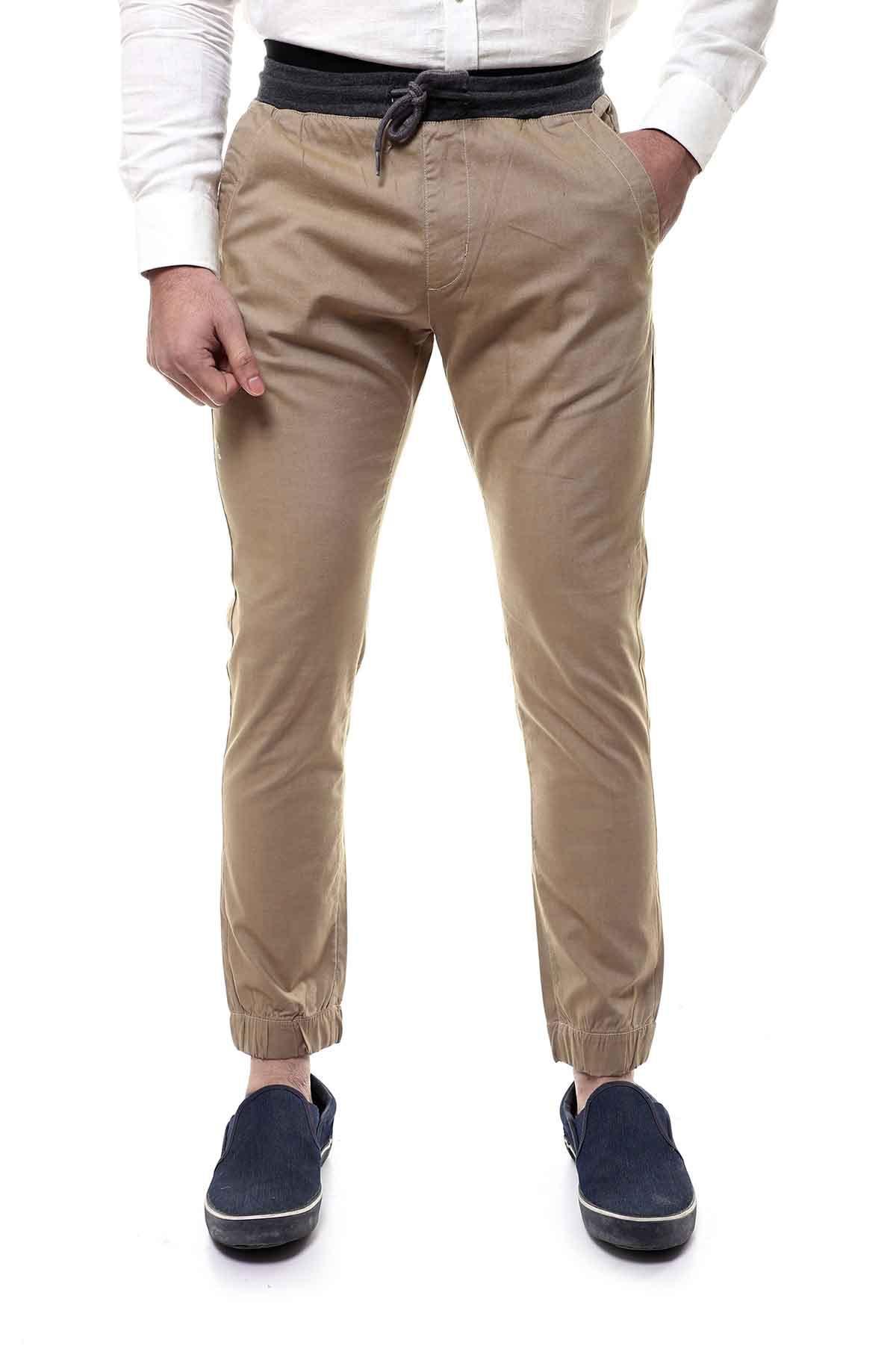 Khaki grey casual trouser with drawstring waistband and tapered ankle cuffs