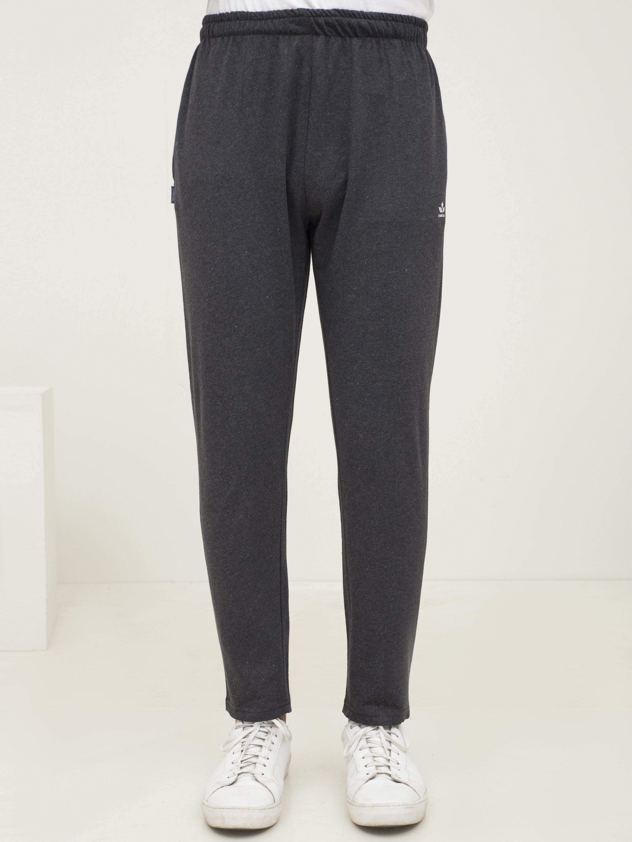 Charcoal melange knit sleep trousers, full back view with elastic waistband